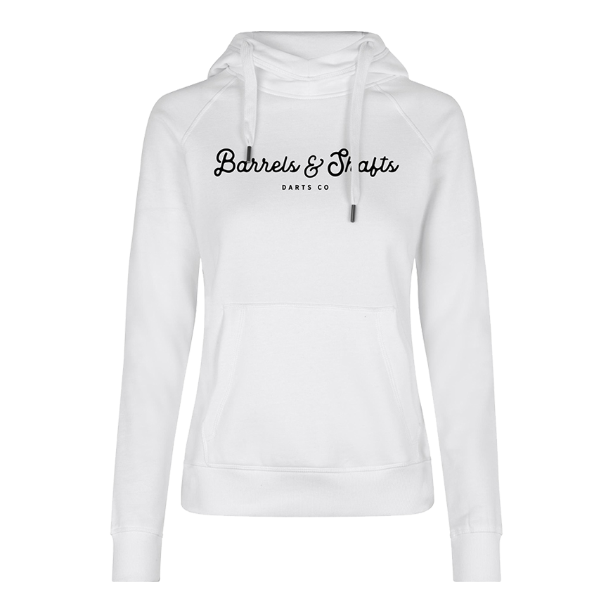 Sweat à capuche Femme Barrels and Shafts - Blanc Dies ist ein weißer Damen-Hoodie mit Kapuze und Kängurutasche. Auf der Vorderseite steht der Text "Barrels & Shafts Darts Co".