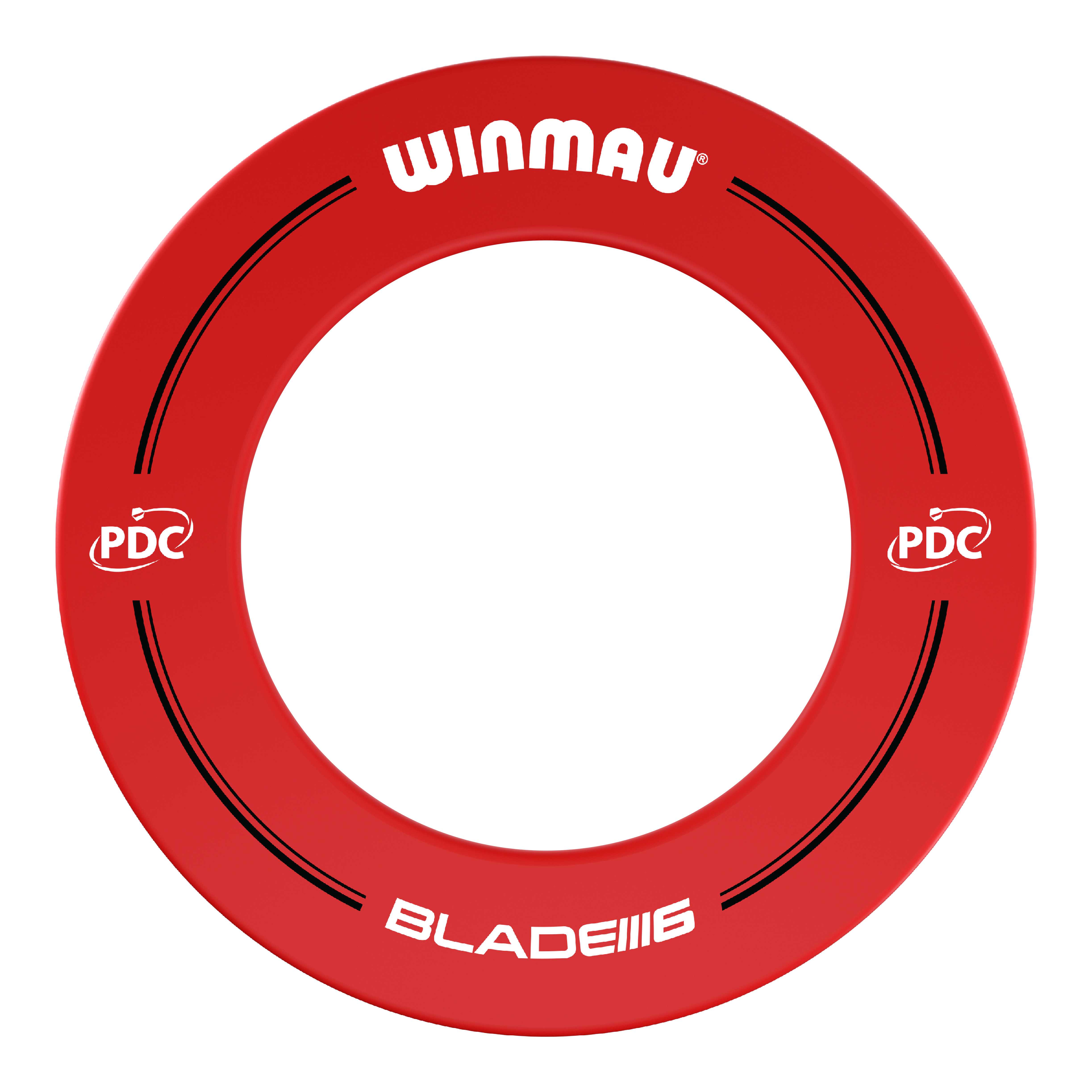 Cadre de fléchettes Winmau PDC - Rouge Das Bild zeigt einen roten Dartboard-Surround der Marke Winmau mit der Aufschrift "BLADE 6". Auf dem Ring sind außerdem PDC-Logos und schwarze Designelemente zu sehen.