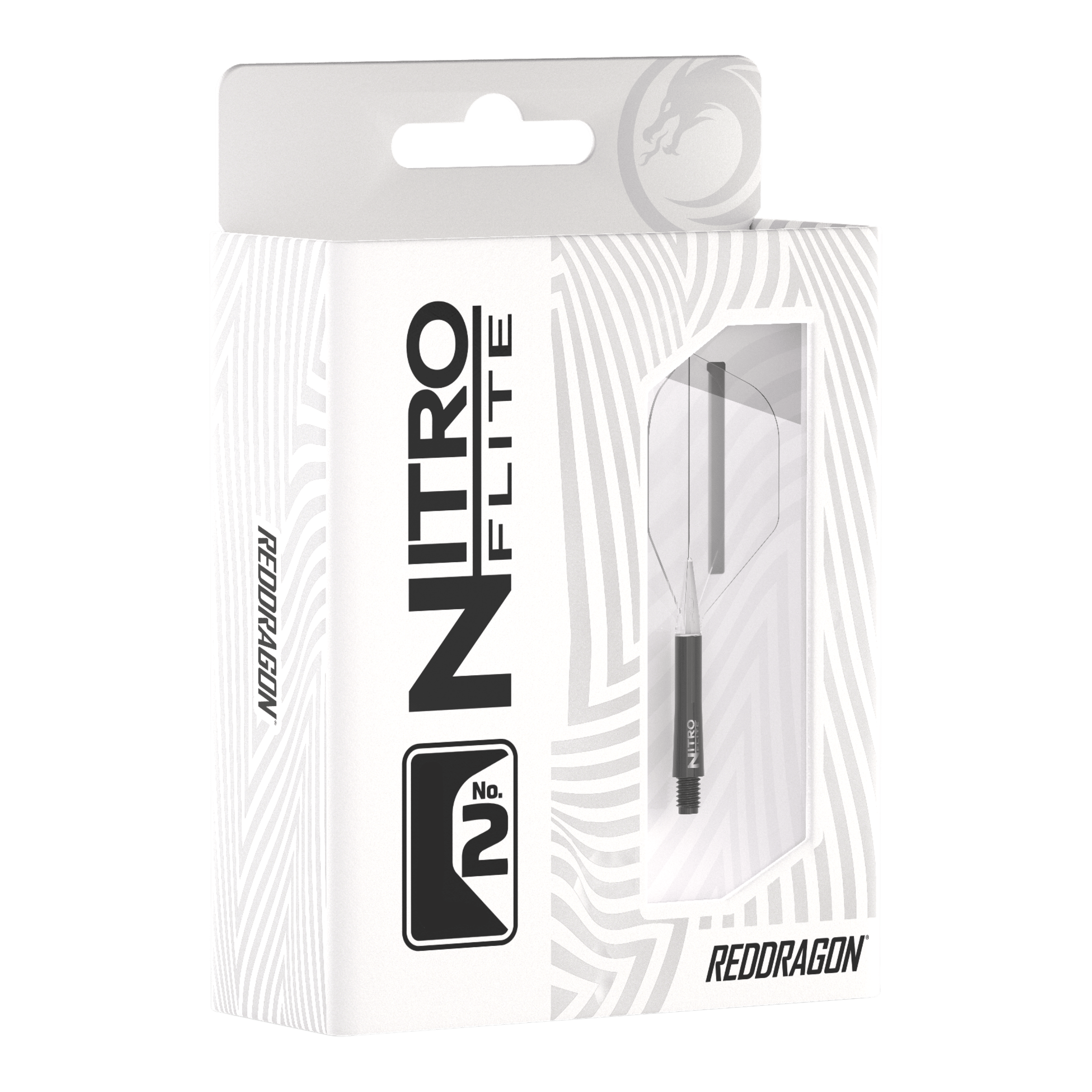 Ailettes Red Dragon Nitroflite - Tige noire transparente n°2 Die Abbildung zeigt die Verpackung des Produkts „Red Dragon Nitroflite - Black Shaft Clear No2 Flights“. Die Verpackung ist überwiegend weiß mit schwarzen Aufdrucken und einer Sichtöffnung, durch die das Produkt zu sehen ist.