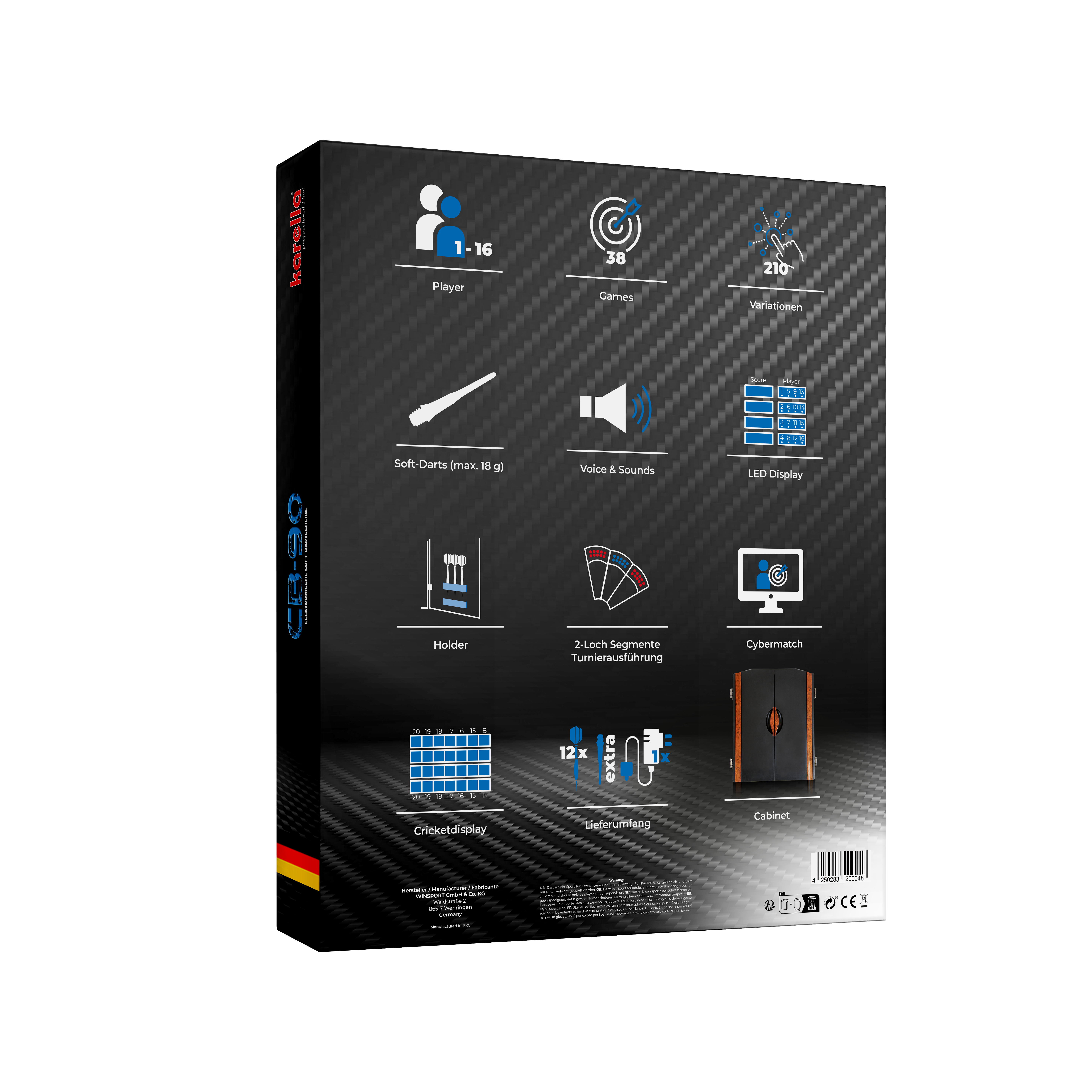 Cible de fléchettes électronique CB 90 version tournoi Die Abbildung zeigt die Rückseite der Verpackung der elektronischen Dartscheibe CB 90 Turnierausführung mit Symbolen zu den wichtigsten Funktionen. Es werden verschiedene Merkmale wie Spieleranzahl, Spielmodi, LED-Display und Zubehör dargestellt.