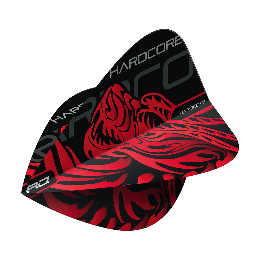 Dies ist ein Dartflight aus der Serie "Red Dragon Hardcore Jonny Clayton Dragon Kite Flights". Das Design ist schwarz mit einem auffälligen roten Drachenmotiv und dem Schriftzug "HARDCORE".