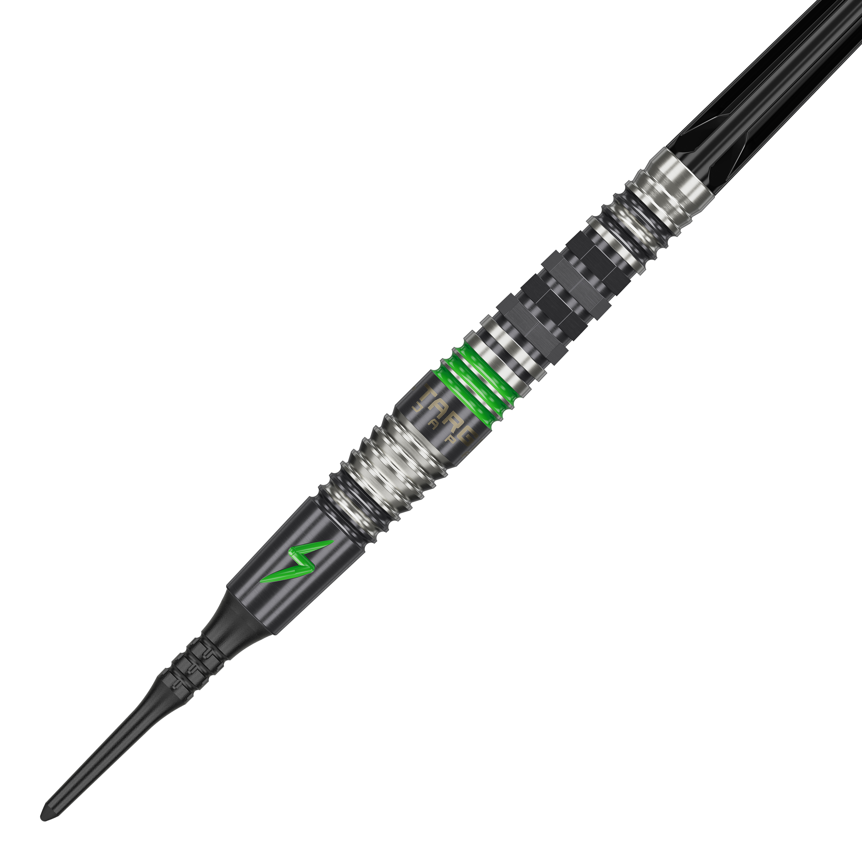 Fléchettes souples Target Japan Black Marque Lightning 3 - 19 g Das Bild zeigt einen Softdart namens "Target Japan Black Marque Lightning 3" mit einem Gewicht von 19g. Der Dart ist schwarz-silber mit grünen Akzenten und einem Blitzsymbol verziert.
