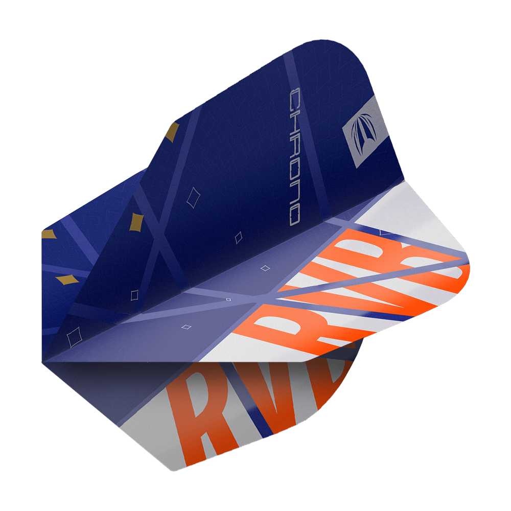 Das Bild zeigt ein Dartflight mit dem Design "Target Pro Ultra Raymond Van Barneveld Chrono No6". Das Flight ist überwiegend dunkelblau mit orangen und weißen Akzenten sowie der Aufschrift "RVB" und "Chrono".