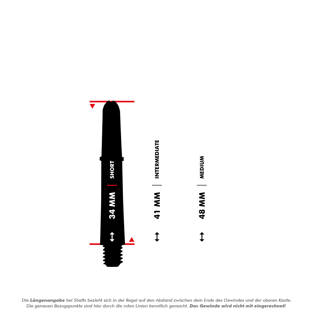 Tiges Target Pro Grip - 3 jeux - Transparent Das Bild zeigt drei verschiedene Längen von Dartshafts: 34 mm (short), 41 mm (intermediate) und 48 mm (medium). Die Längen werden ohne das Gewinde gemessen, was durch die roten Linien deutlich gemacht wird.