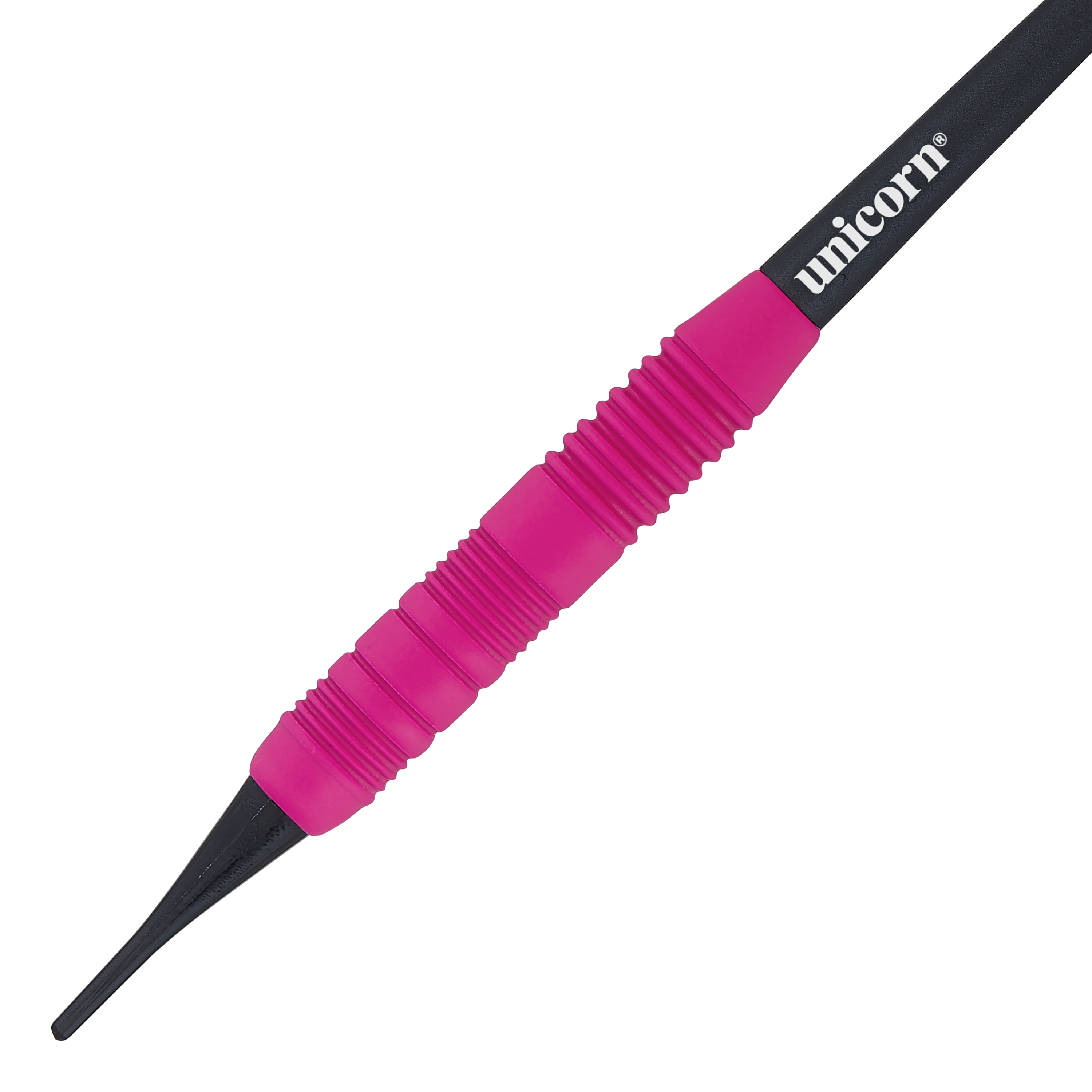 Fléchettes souples Unicorn Core Plus en caoutchouc rose - 19 g Das Bild zeigt einen Unicorn Core Plus Rubberised Pink Softdart mit einem Gewicht von 19g. Der Dart hat einen pinken, gummierten Griff und eine schwarze Spitze.
