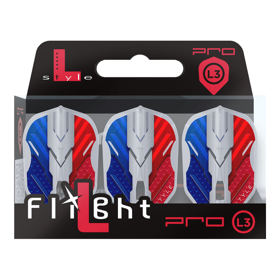 Vols L-Style V-Series V1 Type B France Blanc Transparent L3PRO Das Bild zeigt eine Verpackung mit drei Dartflights der Marke L-Style in den Farben Blau, Weiß und Rot. Auf der Verpackung steht "Flight L Pro L3", und die Flights haben ein modernes, kantiges Design.