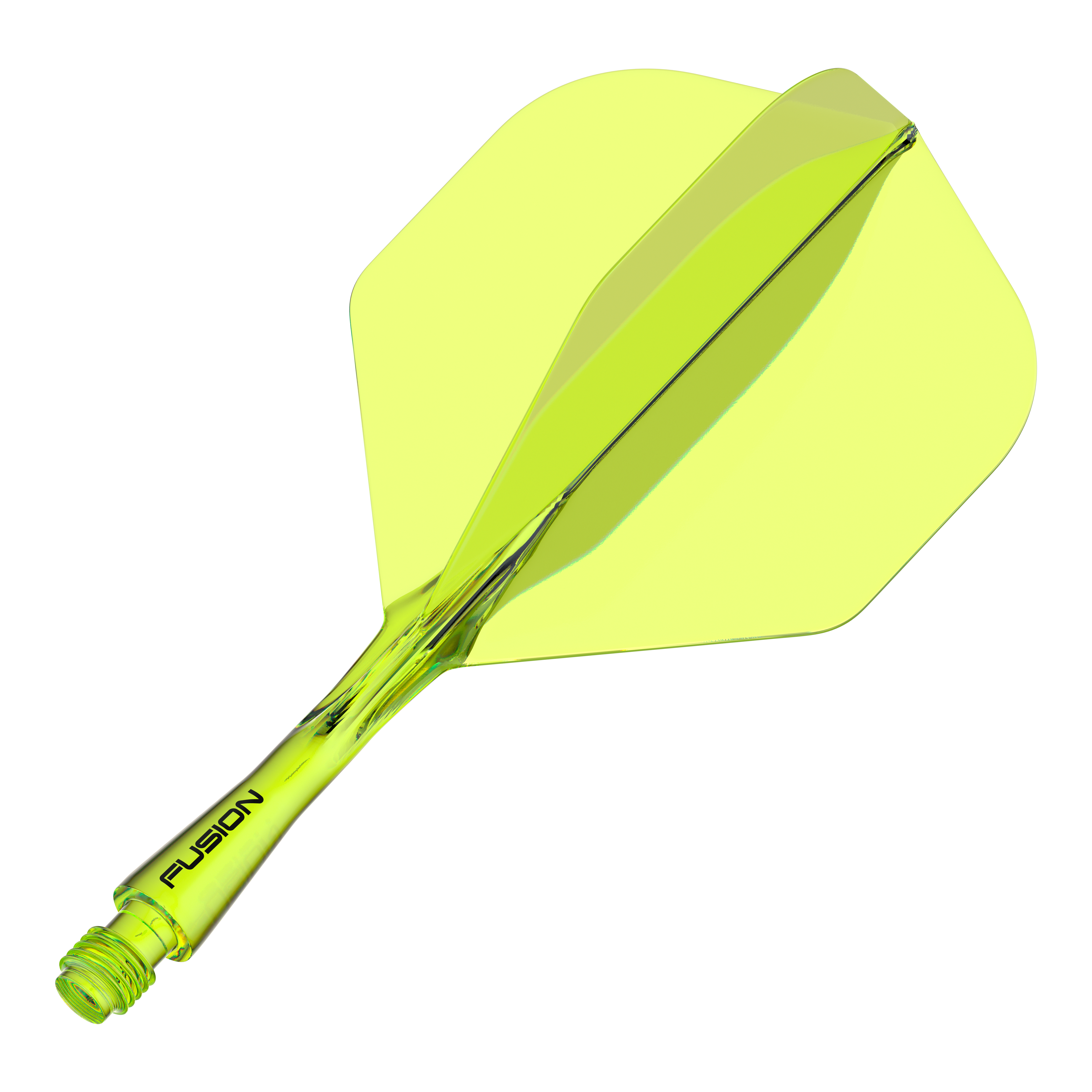 Système d'arbre de vol Winmau Fusion Standard Jaune Dies ist ein gelber Dartshaft mit integriertem Flight-System. Auf dem Schaft steht das Wort "FUSION" geschrieben.