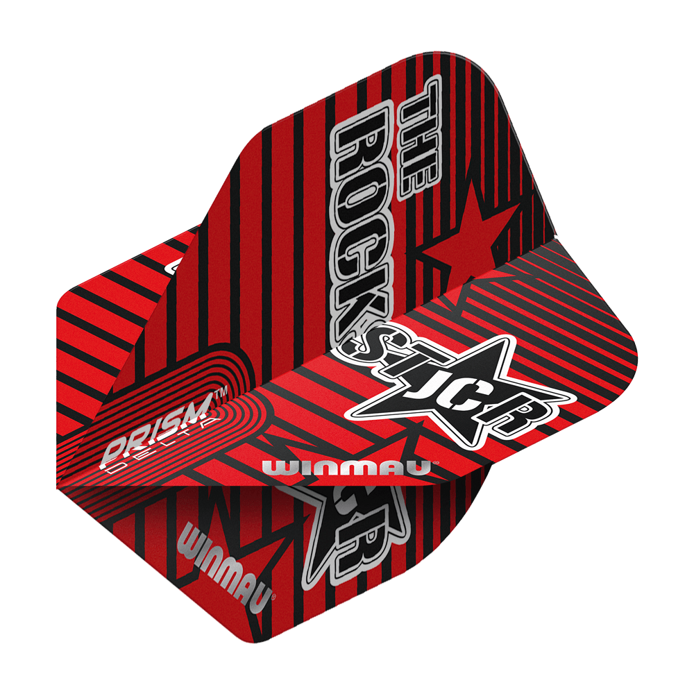 6915-227_Winmau_Prism_Delta_Joe_Cullen_Rockstar_Standard_Flights_2DSstqQlGAg6yP Das Bild zeigt die Winmau Prism Delta Joe Cullen Rockstar Standard Flights. Die Flights sind rot-schwarz mit auffälligen Grafiken und der Aufschrift "THE ROCKSTAR".