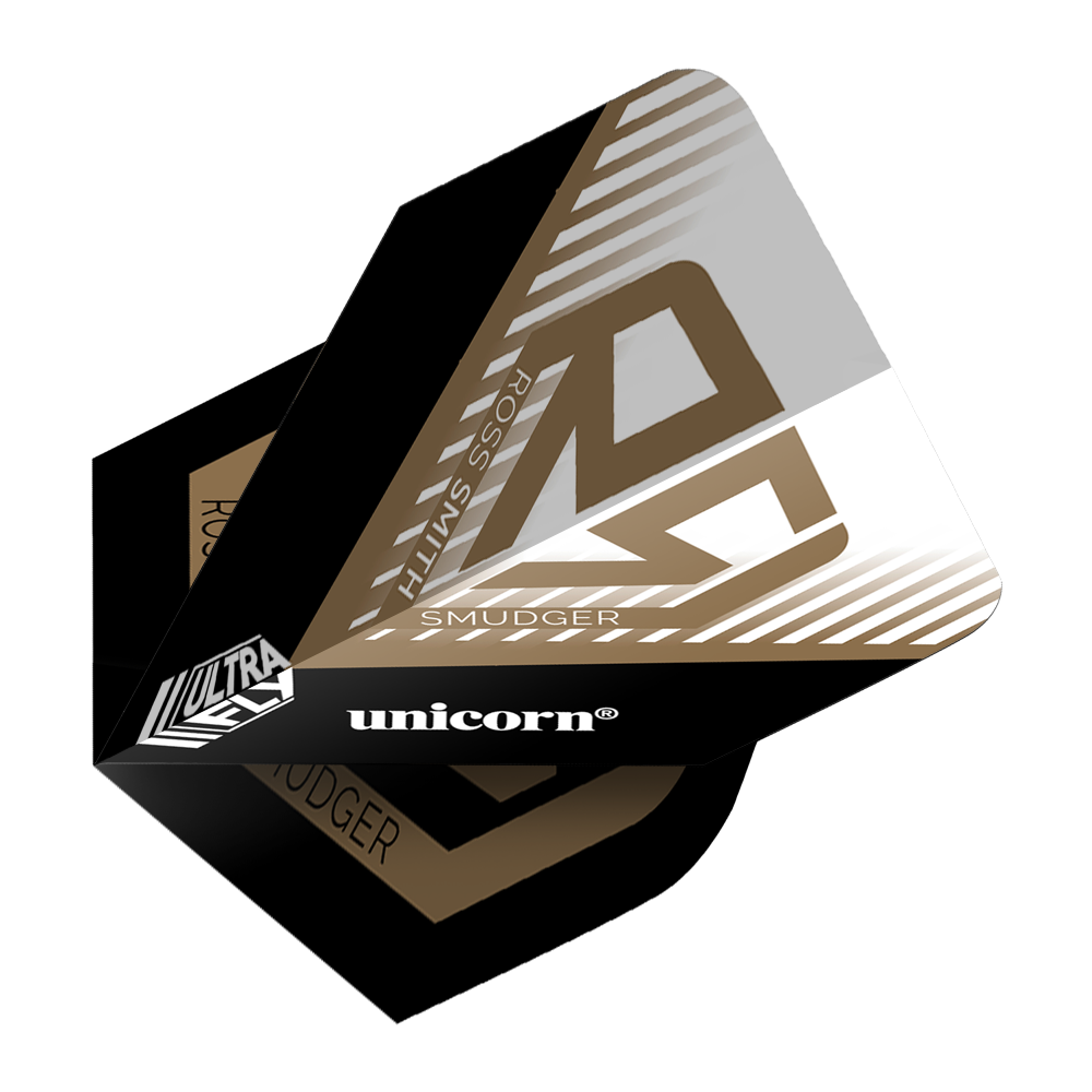 Vols Unicorn Ultrafly 100 Ross Smith Plus Das Bild zeigt die Unicorn Ultrafly 100 Ross Smith Plus Flights mit einem modernen Design in Schwarz, Gold und Weiß. Auf der Flight-Oberfläche sind die Wörter "Ross Smith", "Unicorn" und "Smudger" zu sehen.
