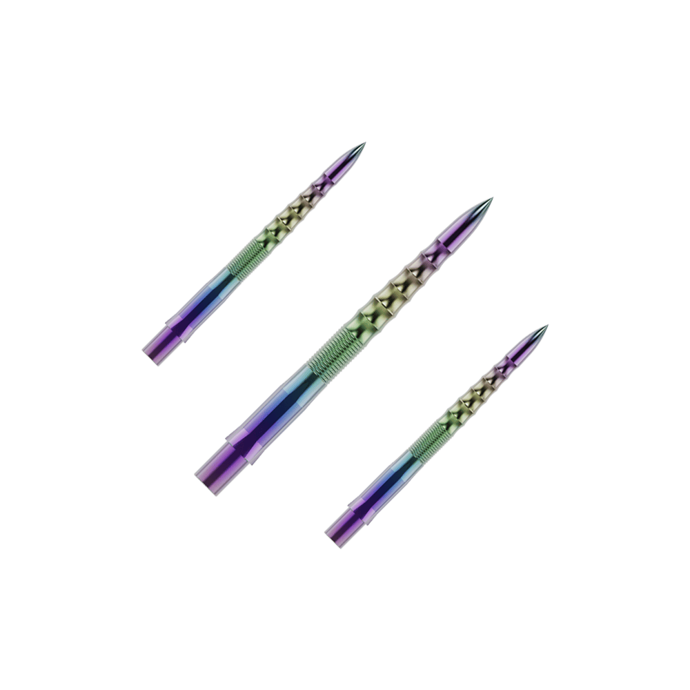 Embouts de fléchettes Mission Caliburn EVO - Ripple - Corail Auf dem Bild sind drei bunte Steeldartspitzen zu sehen. Sie haben ein metallisch glänzendes, geripptes Design in verschiedenen Farben.