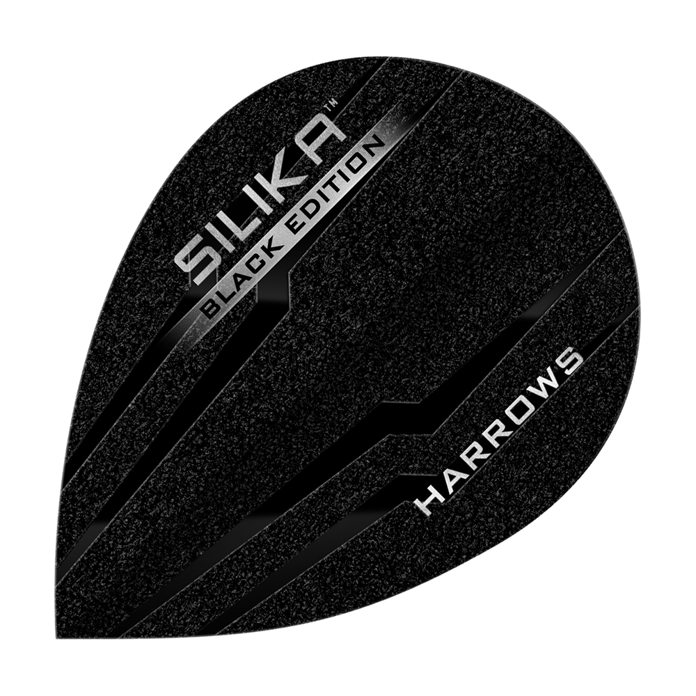 Volets de poires Harrow's Silica Black Edition Dieses Bild zeigt das Produkt "Harrows Silika Black-Edition Pear Flights". Die Flights sind schwarz mit silbernen Akzenten und dem Text "SILIKA BLACK EDITION" sowie "HARROWS" darauf.