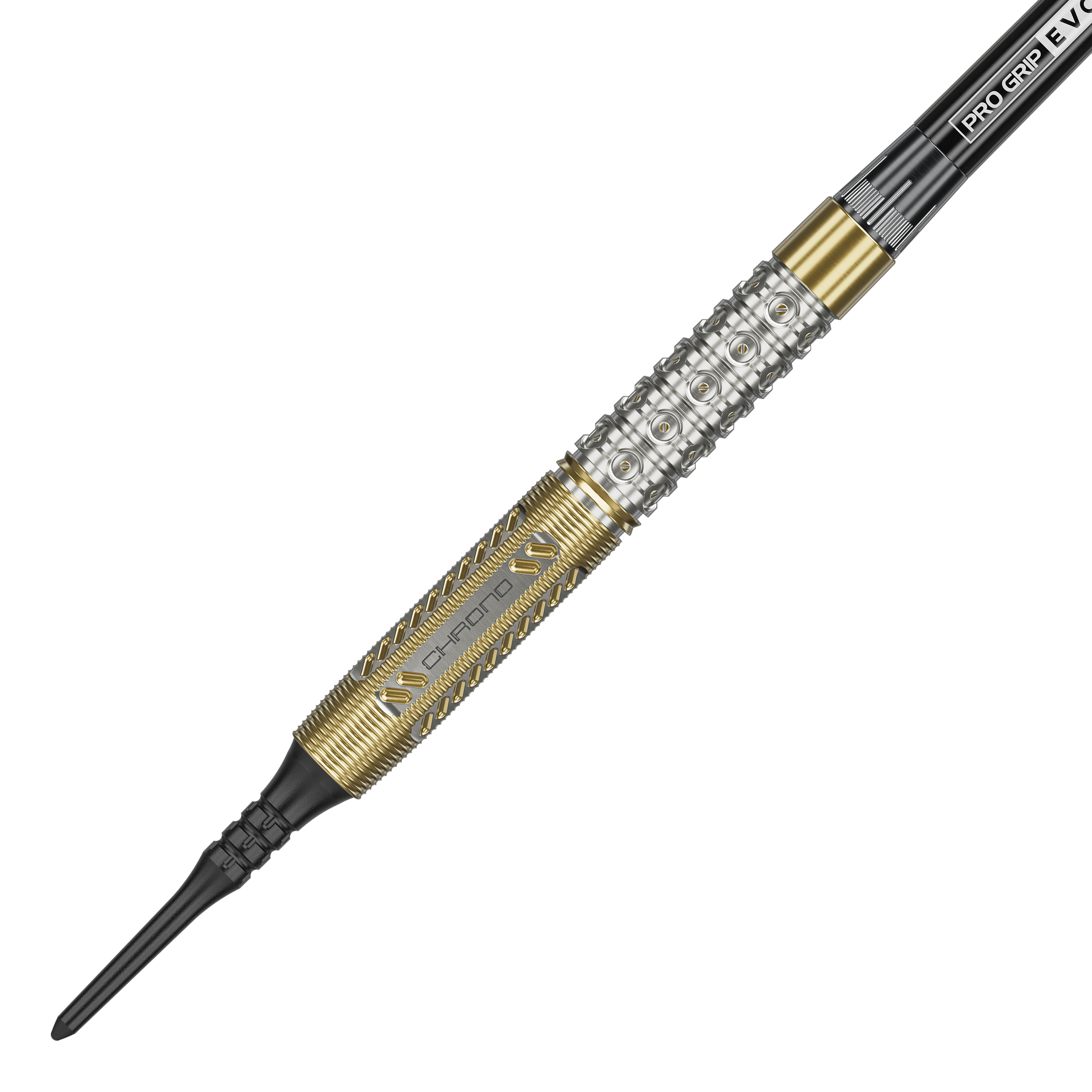 Target Raymond Van Barneveld Chrono 95 fléchettes souples Der Target Raymond Van Barneveld Chrono 95 Softdart hat ein auffälliges silber-goldenes Design. Das Barrel ist mit feinen Gravuren und dem Schriftzug "CHRONO" versehen.