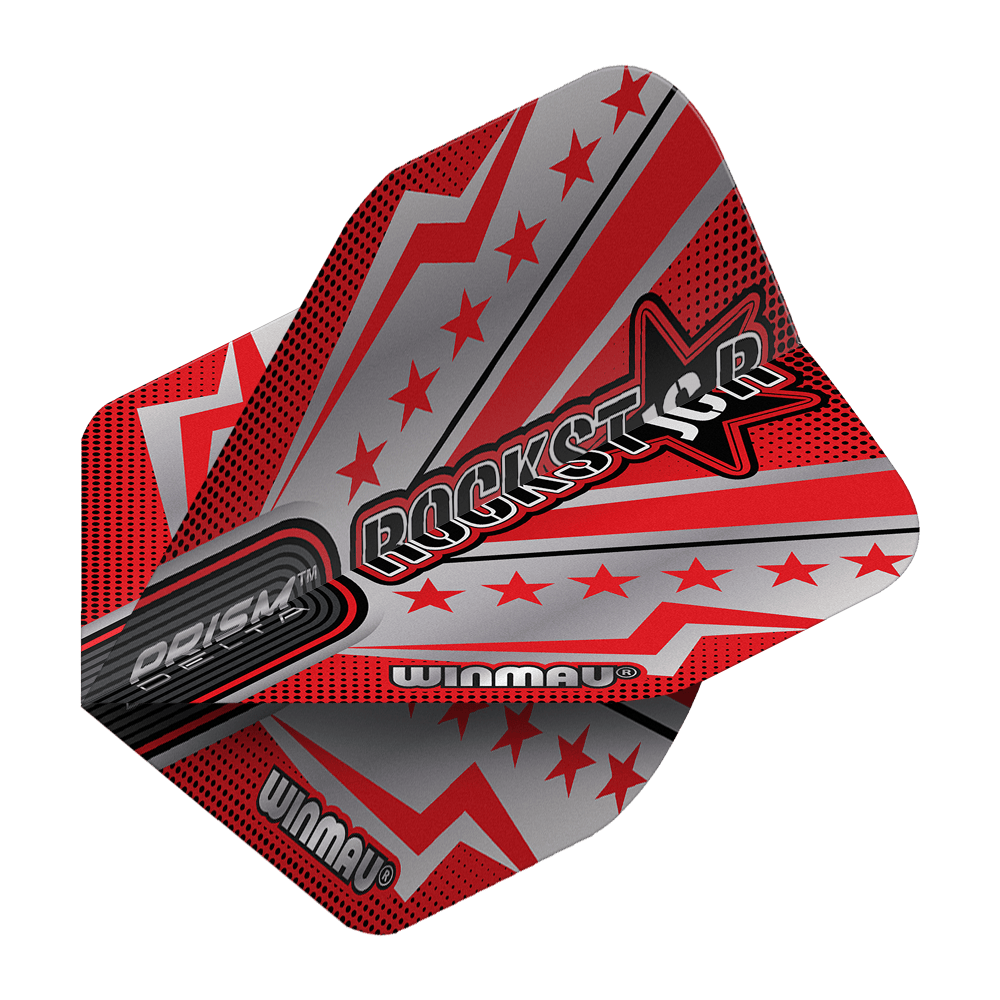 Vols standard Winmau Prism Delta Joe Cullen Rockstar Series n°2 Das Bild zeigt ein Dartflight aus der Winmau Prism Delta Joe Cullen Rockstar Series No2 Standard Flights. Das Design ist in Rot, Silber und Schwarz gehalten und zeigt Sterne sowie das Wort "Rockstar" in großer Schrift.