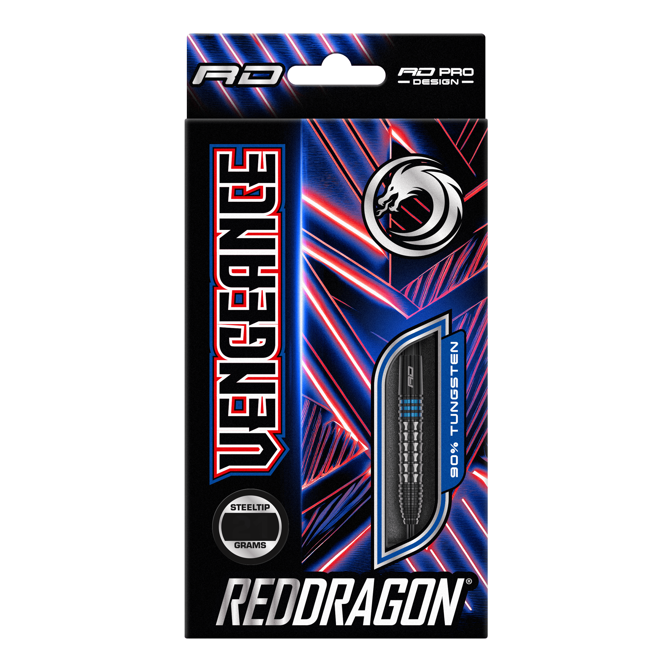 Fléchettes en acier bleu Red Dragon Vengeance Auf dem Bild ist die Verpackung der "Red Dragon Vengeance Blue Steeldarts" zu sehen. Die Schachtel ist schwarz mit blauen und roten Akzenten und zeigt einen Dartpfeil mit dem Hinweis auf 90% Tungsten.