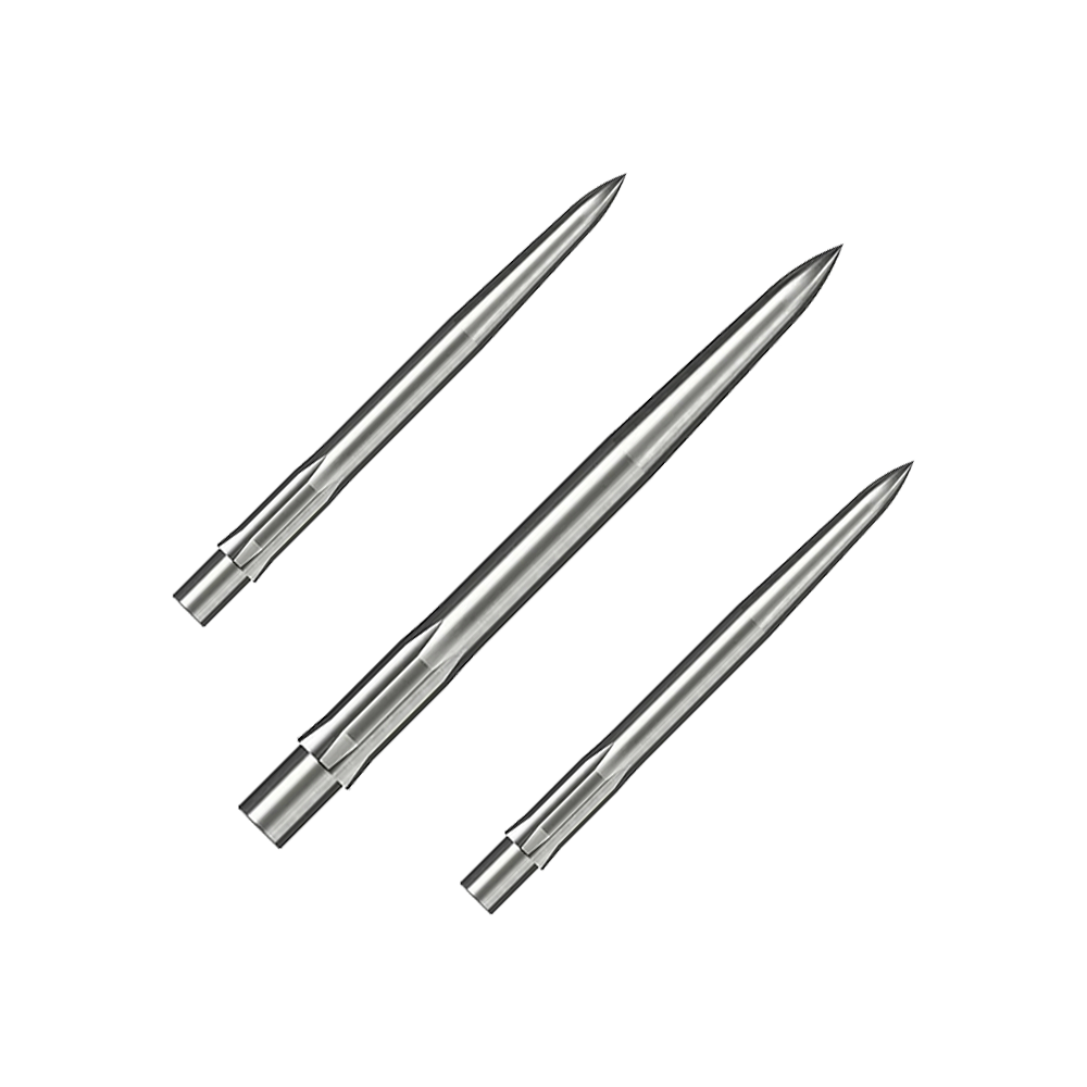 Pointes de fléchettes en acier Caliburn System - Lisses - Argent Das Bild zeigt drei silberne, glatte Steeldartspitzen. Sie liegen parallel nebeneinander auf weißem Hintergrund.