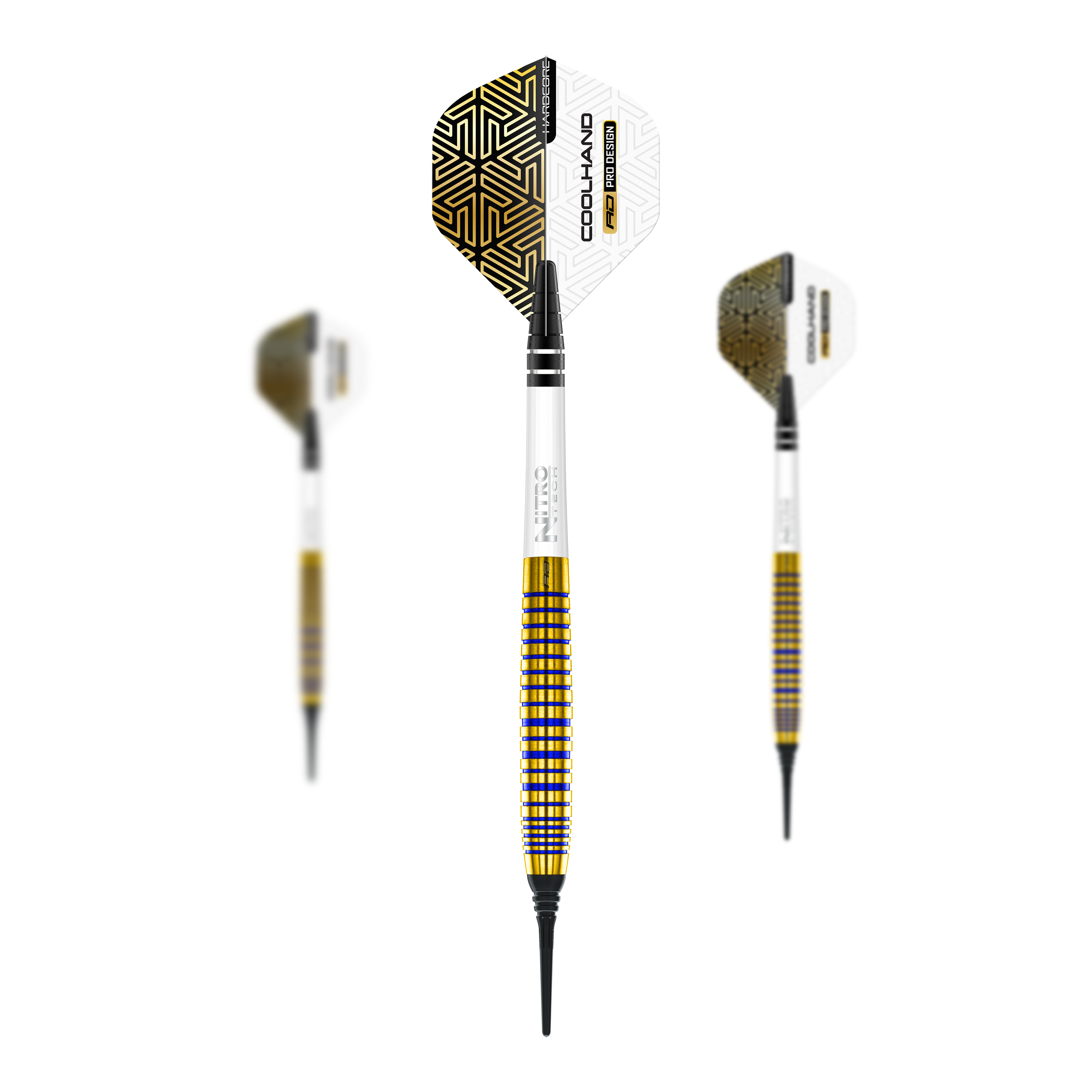 Fléchettes souples Red Dragon Luke Humphries TX3 Gold SE - 20 g Auf dem Bild sind drei Softdarts des Modells "Red Dragon Luke Humphries TX3 Gold SE" mit einem Gewicht von 20g zu sehen. Die Darts haben goldene und weiße Designelemente mit schwarzen Spitzen und auffälligen Flights.