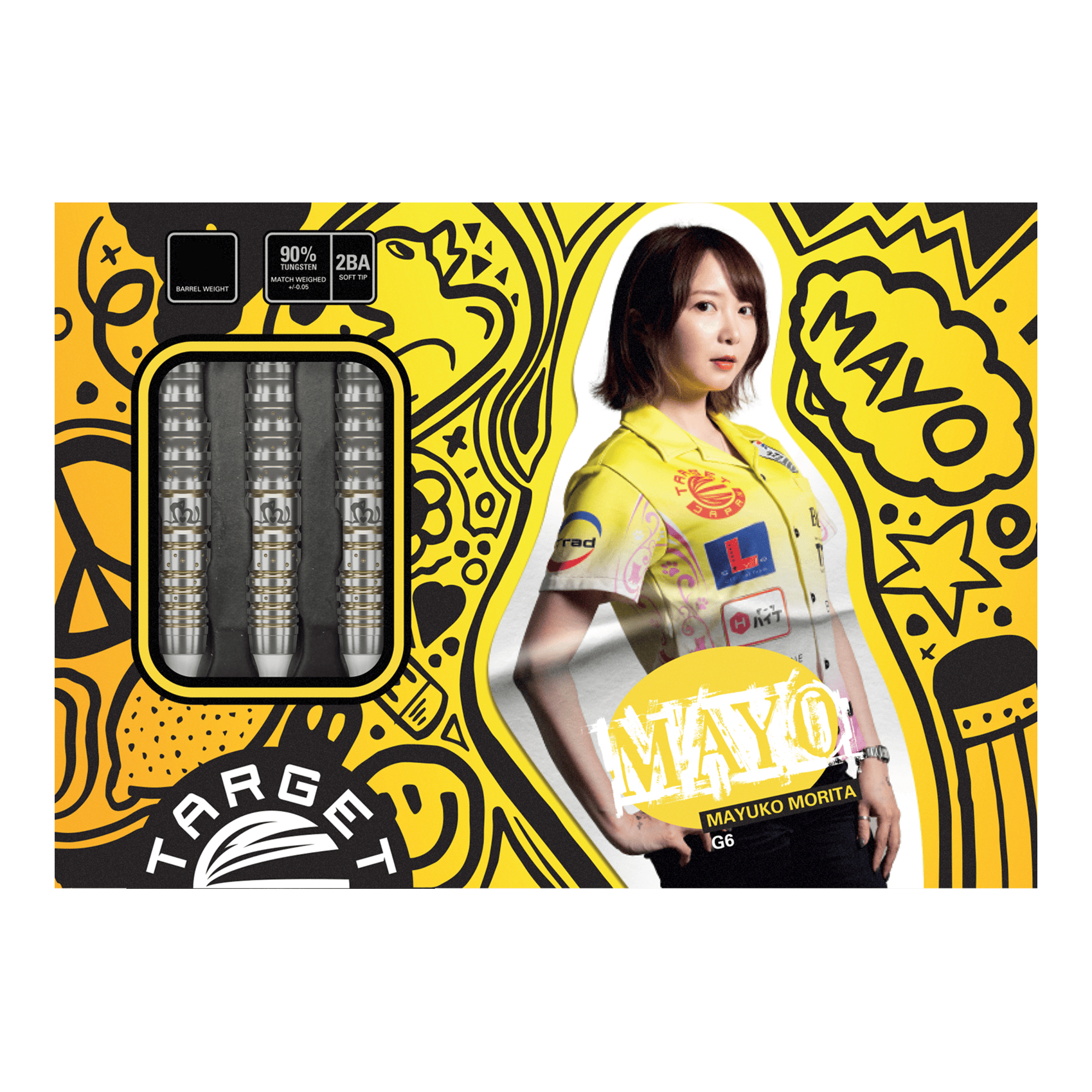 Fléchettes souples Target Japan Prime Series Mayujo Morita GEN6 - 18 g Die Verpackung zeigt die "Target Japan Prime Series Mayuko Morita GEN6 Softdarts - 18g". Links sind die Darts zu sehen, rechts ist ein Bild von Mayuko Morita mit buntem Hintergrund.