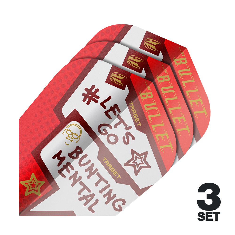 Ailettes Target Pro Ultra Stephen Bunting Mental No6 - 3 jeux Das Bild zeigt drei Sets der Target Pro Ultra Stephen Bunting Mental No6 Flights für Dartpfeile. Die Flights sind rot und weiß gestaltet und tragen die Aufschrift "#LET'S GO BUNTING MENTAL".