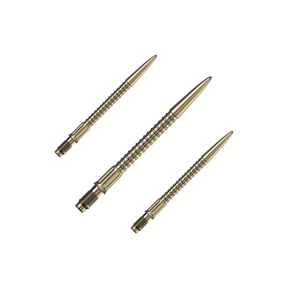 Pointes de fléchettes Mission R2.5 Rapid Point GV1 - Or Ein Set goldener Dartspitzen ist auf dem Bild zu sehen. Das Set ist für Dartpfeile gedacht.