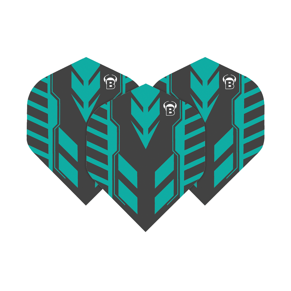 Vols standard Bulls B-Star Veco n°2 Das Bild zeigt drei schwarze Dartflights mit türkisfarbenem Pfeilmuster. Oben ist das weiße Bulls-Logo zu sehen.
