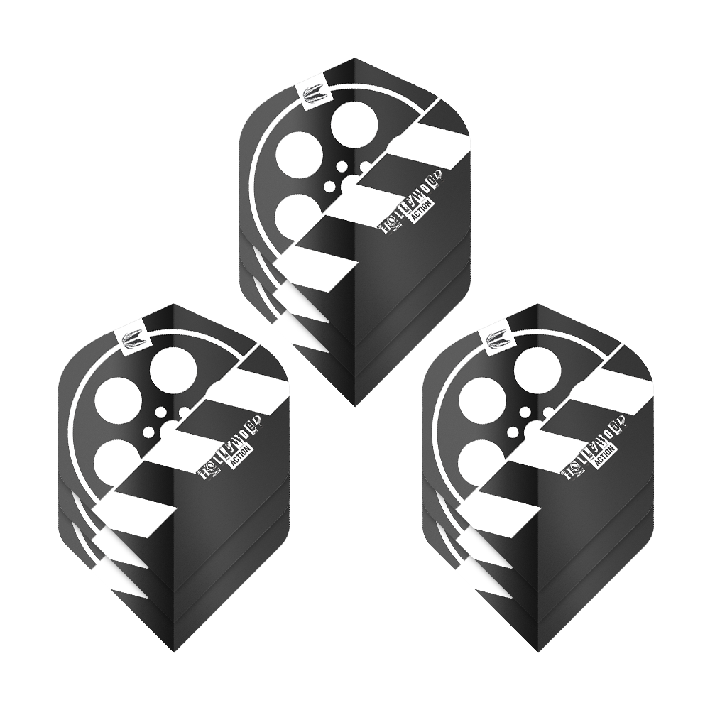 Target Pro Ultra Chris Dobey Hollywood Action No2 Standard Flights - 3 jeux Das Bild zeigt drei Sets von Dart-Flights mit einem Filmklappen-Design in Schwarz und Weiß. Die Flights tragen den Namen "Target Pro Ultra Chris Dobey Hollywood Action No2 Standard Flights".