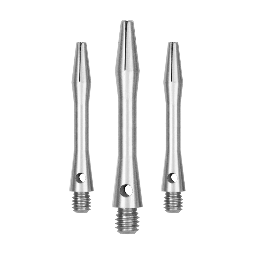 517_Aluminium_Shafts_Silber_35mm_1 Das Bild zeigt drei silberne Aluminiumschäfte in verschiedenen Längen. Sie haben ein Schraubgewinde an einem Ende und eine schlanke, glatte Oberfläche.