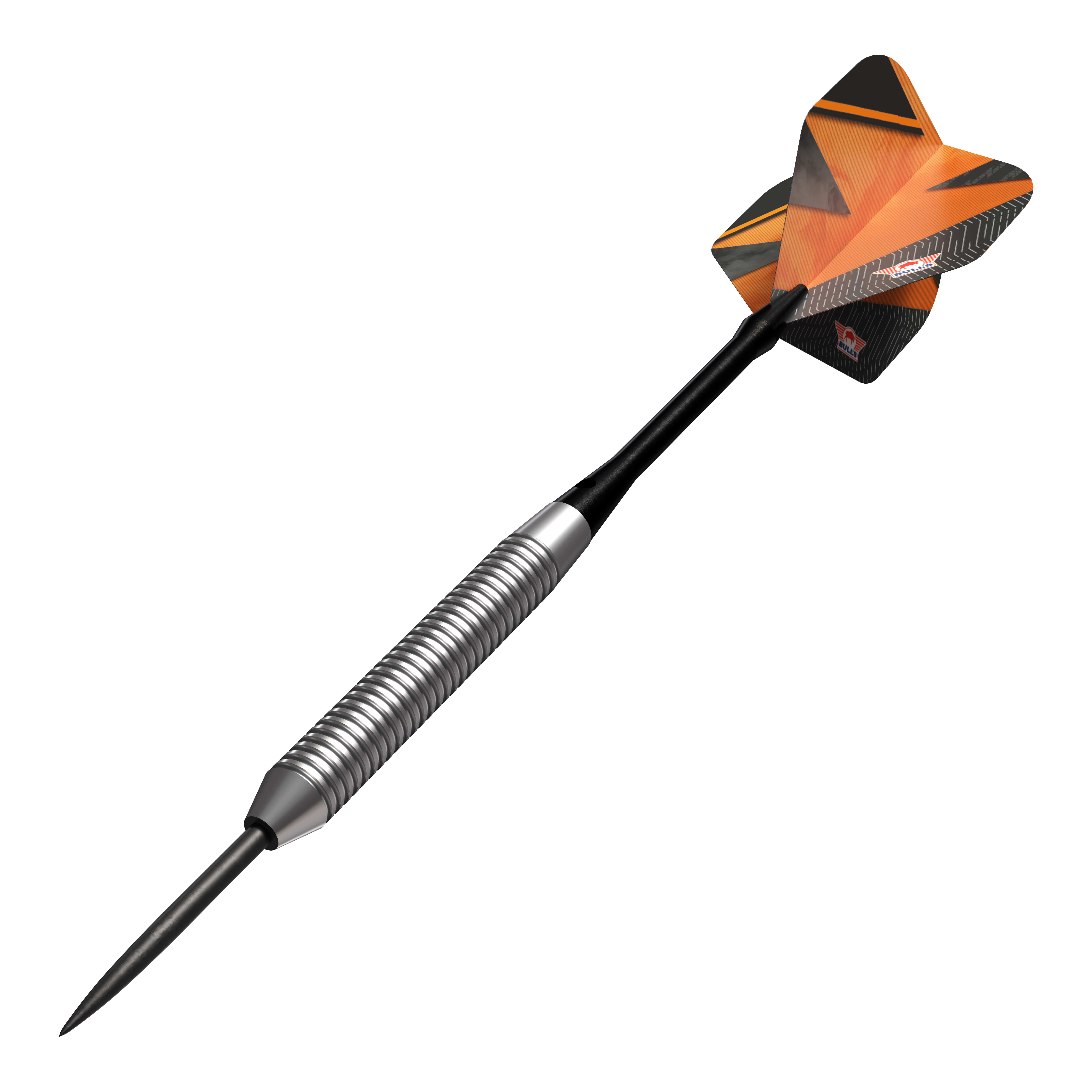 Fléchettes en acier orange Bulls NL Lightning Das Bild zeigt einen Bulls NL Lightning Orange Steeldart. Der Dart hat einen silbernen, gerillten Schaft und orangene Flights mit schwarzen Akzenten.