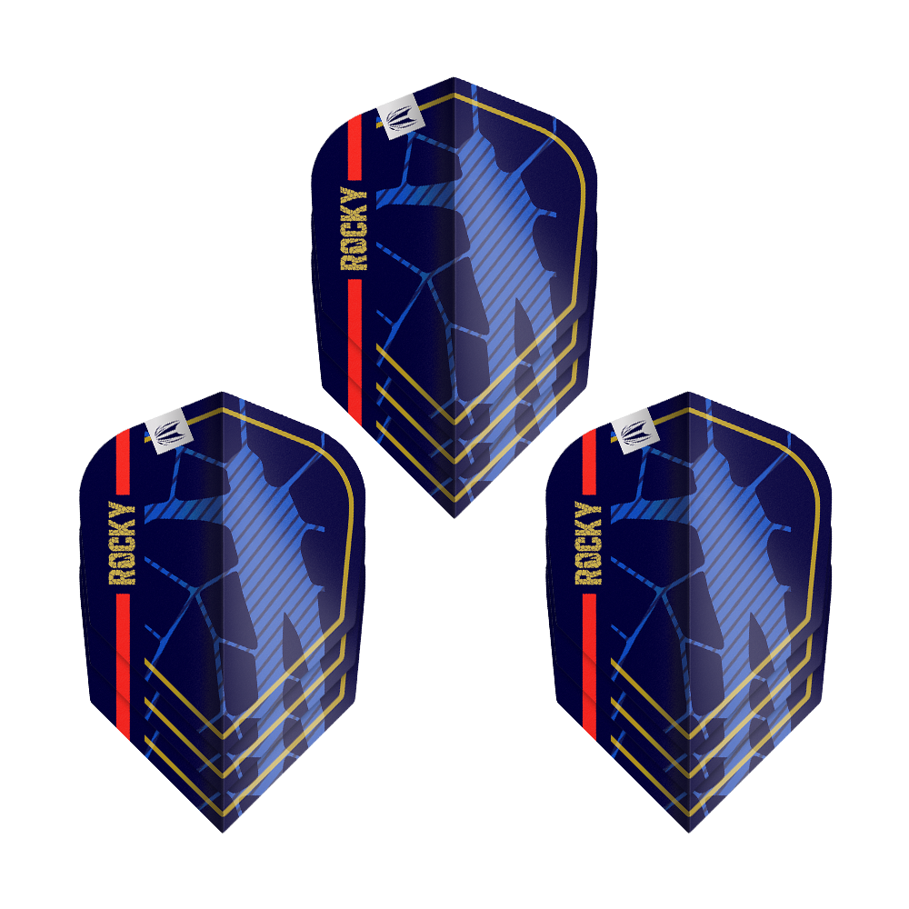 Ailettes Target Pro Ultra Josh Rock GEN1 n°6 - 3 jeux Das Bild zeigt drei Dartflights des Produkts „Target Pro Ultra Josh Rock GEN1 No6 Flights - 3 Sets“. Die Flights sind dunkelblau mit goldenen Linien, einer roten Streifen und dem Schriftzug „ROCKY“ versehen.