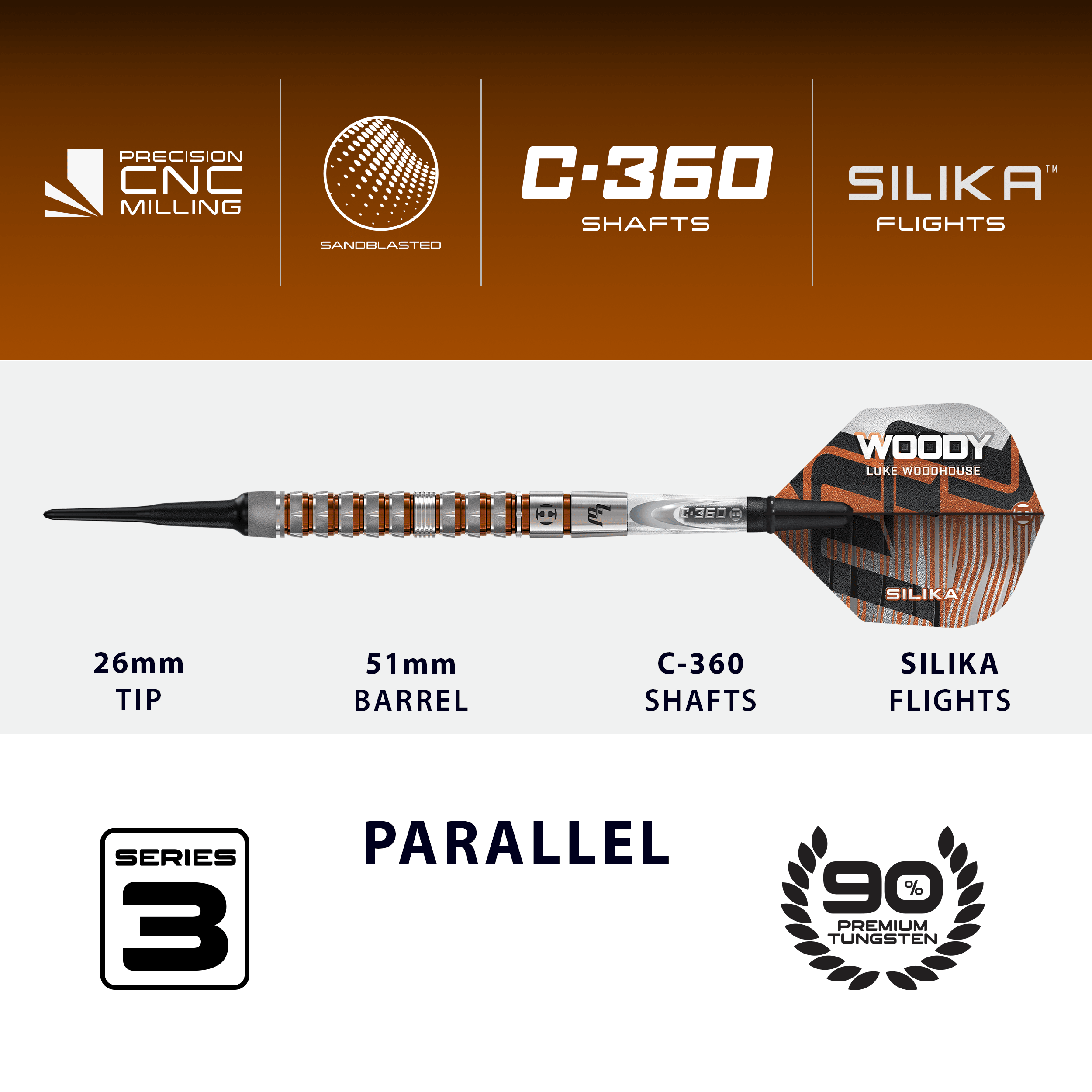 Fléchettes souples Luke Woodhouse série 3 de Harrow - 18 g Abgebildet sind die Harrows Luke Woodhouse Series 3 Softdarts - 18g. Die Darts werden als 18-Gramm-Version präsentiert.