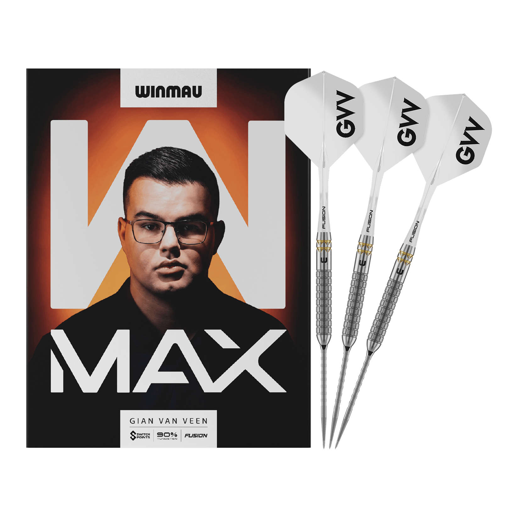 Fléchettes en acier Winmau Gian Van Veen W-MAX Switch Point Das Bild zeigt Winmau Gian Van Veen W-MAX Switch Point Steeldarts in voller Länge. Alle Details des Darts sind sichtbar.