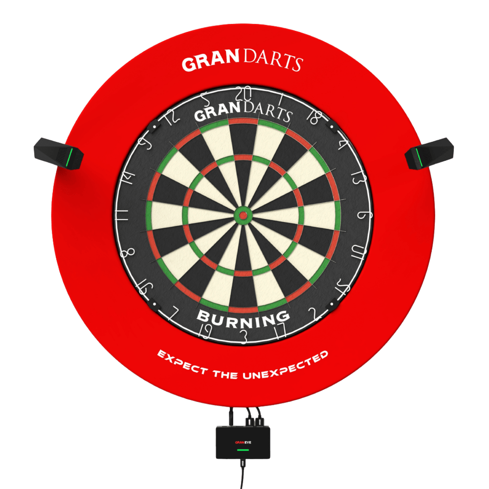 Système de pointage automatique GranDarts Gran Eye GEN2 Steeldart Das Bild zeigt das GranDarts GranEye Steeldart Auto-Scoring-System mit einer roten Umrandung und einer klassischen Dartscheibe. Kameras sind an den Seiten angebracht, um die automatisierte Punktezählung zu ermöglichen.