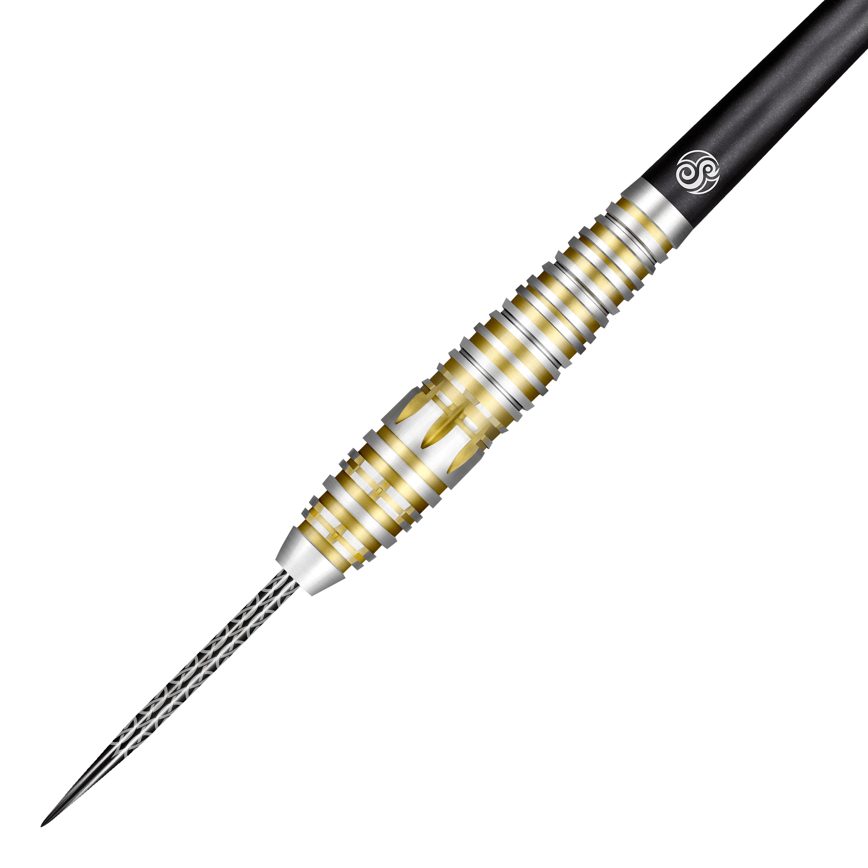 Fléchettes en acier Shot Celt Balor Das Bild zeigt einen Shot Celt Balor Steeldart mit silbernen und goldenen Rillen am Griff. Die Spitze ist aus Metall und der Schaft ist schwarz.
