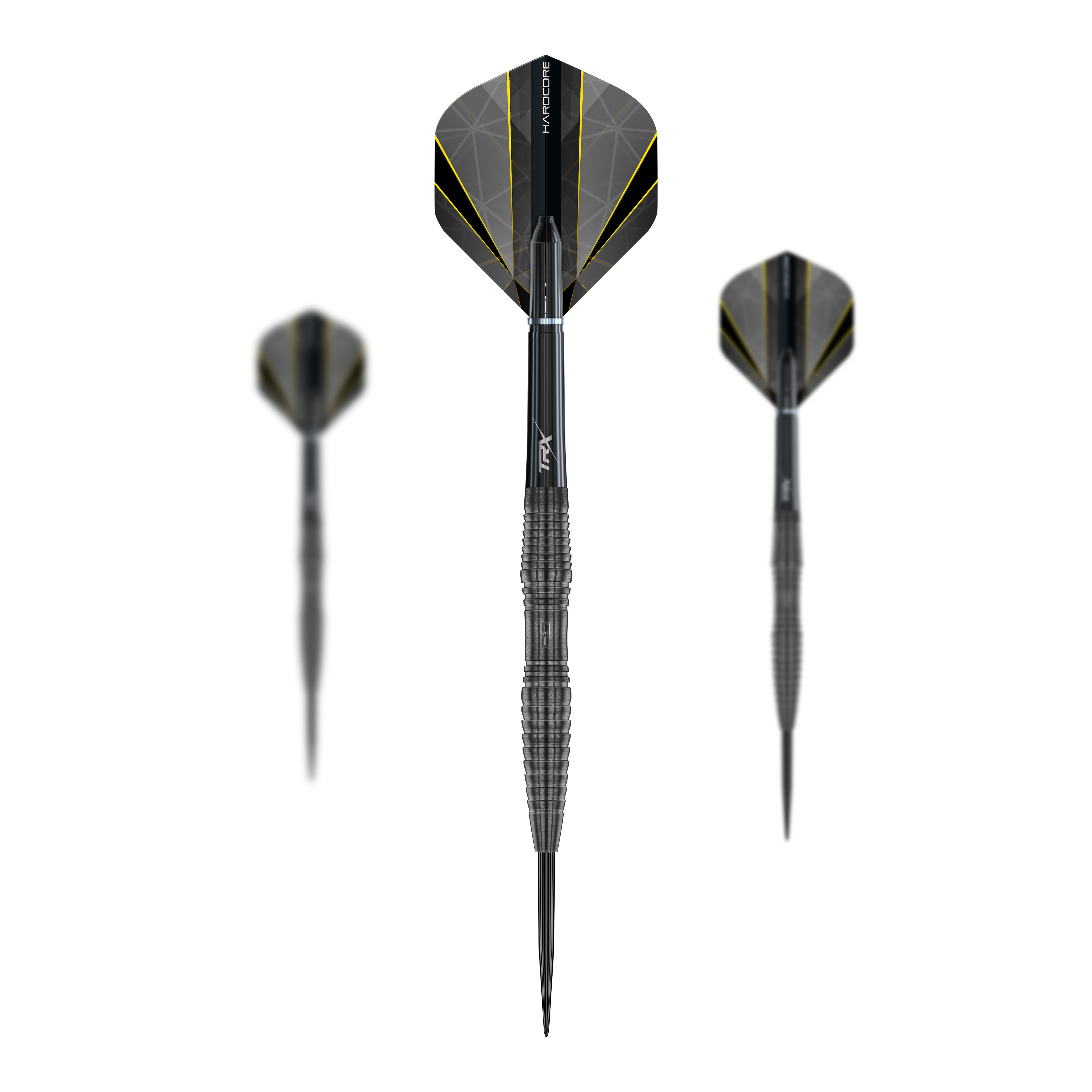 Fléchettes en acier Onyx Seren 3 du Dragon Rouge Das Bild zeigt drei Steeldarts des Modells "Red Dragon Seren 3 Onyx". Die Darts haben ein schwarz-gelbes Design und sind mit geriffeltem Griff versehen.