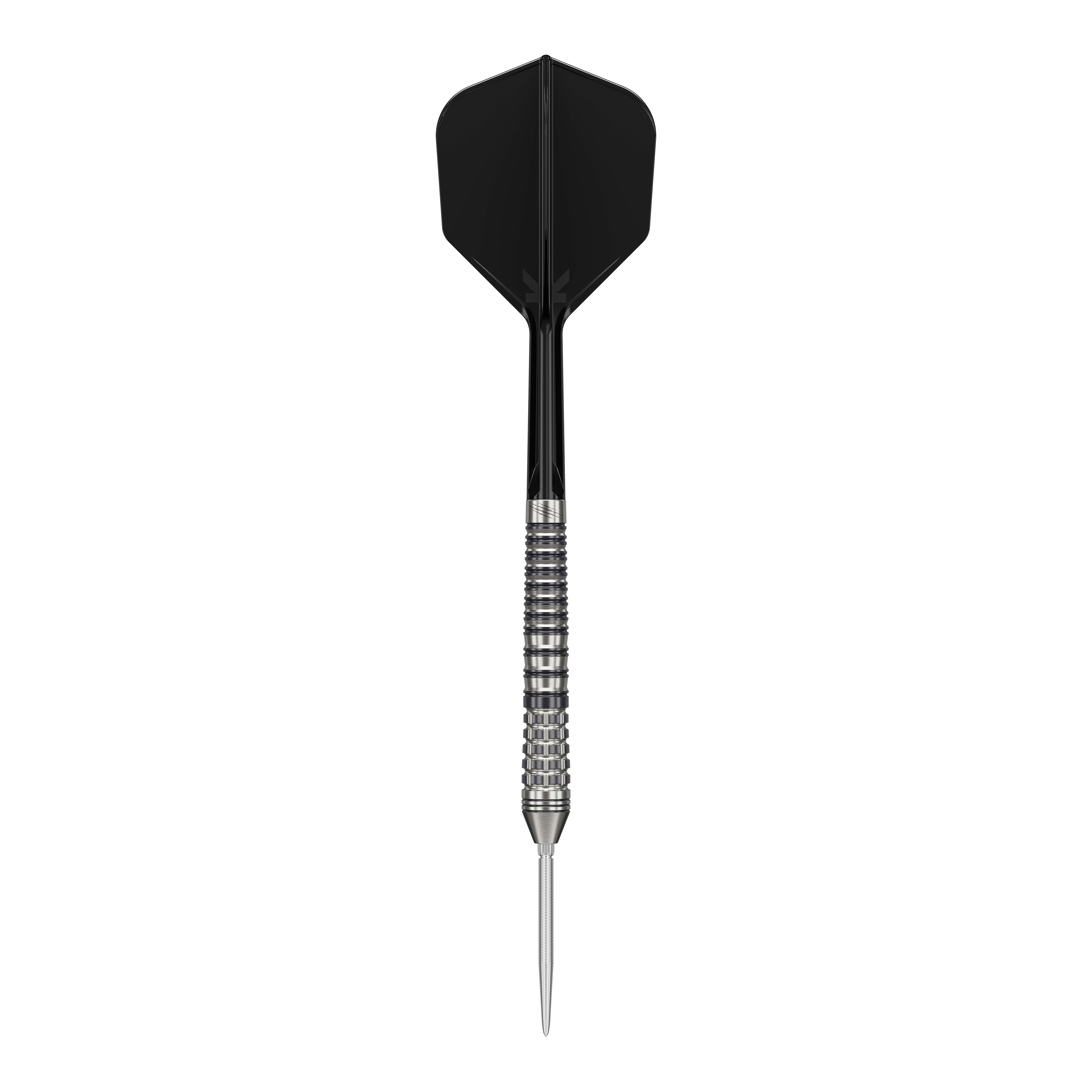 Fléchettes en acier Target Black Marque Renegade 4 Swiss Point Das Bild zeigt einen Target Black Marque Renegade 4 Swiss Point Steeldart. Der Dartpfeil hat eine schwarze Flugfeder und einen silbernen, gerillten Schaft.