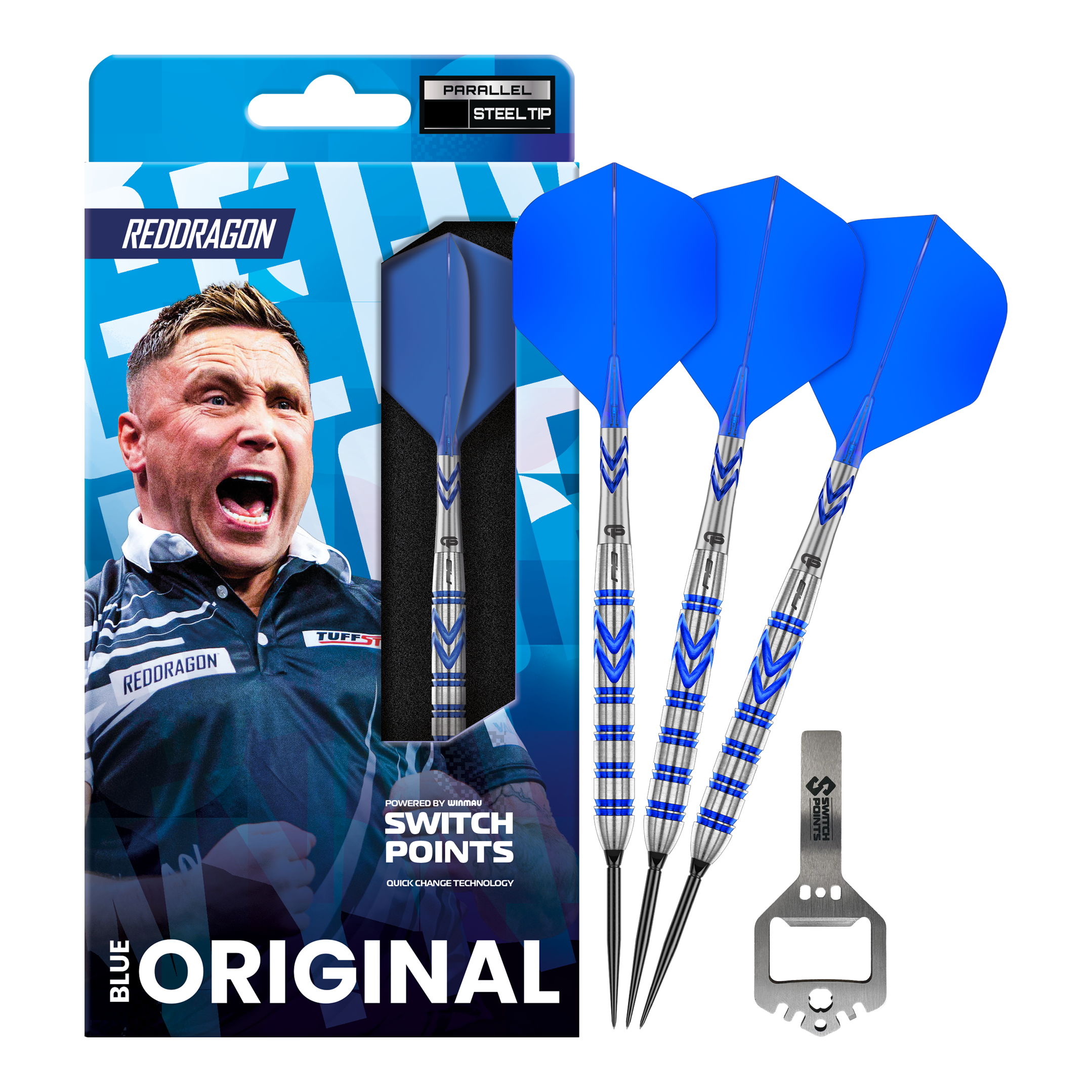 Das Bild zeigt die Red Dragon Gerwyn Price Blue Original Switch Point Steeldarts. Es handelt sich um hochwertige Steeldarts mit blauem Design.