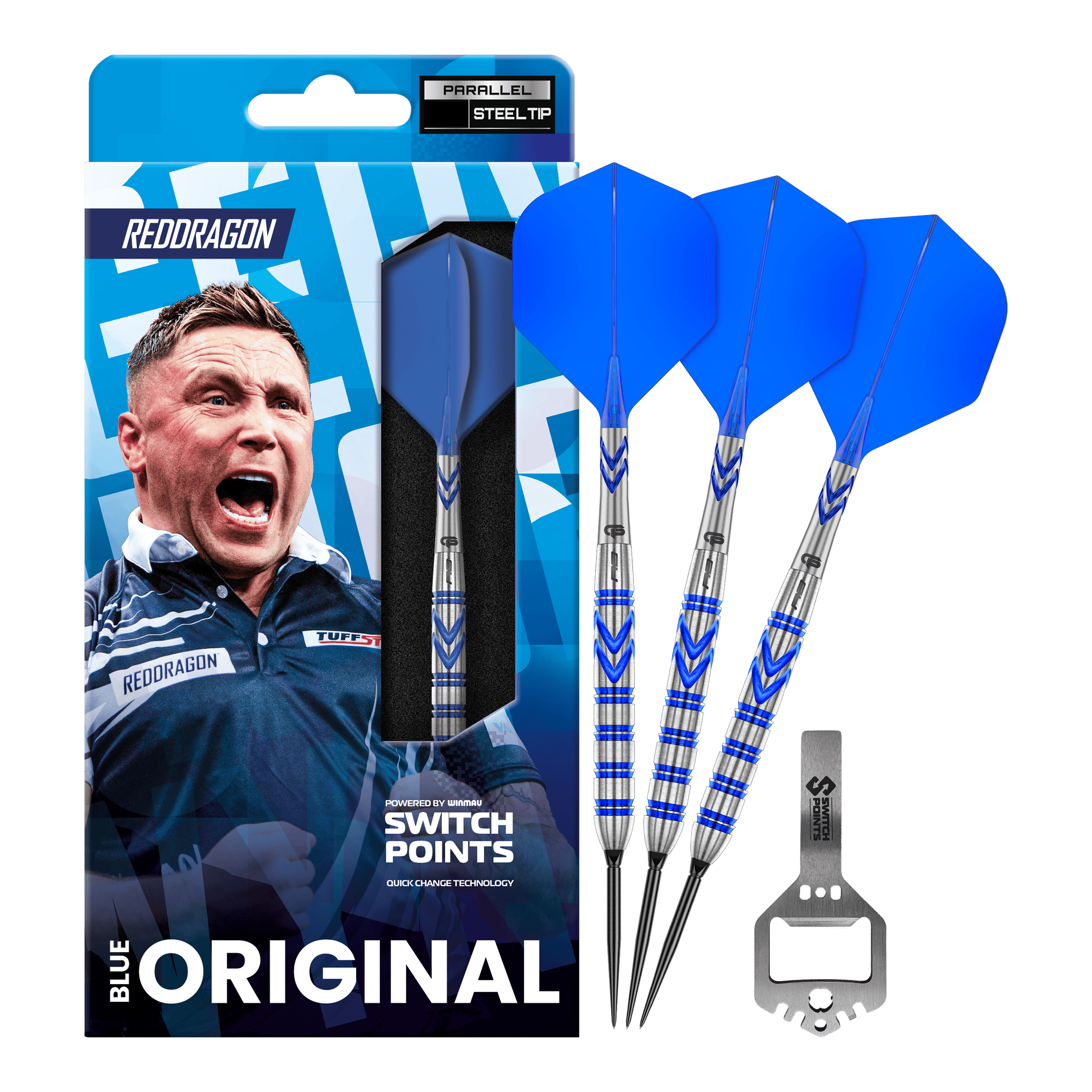 Fléchettes en acier Red Dragon Gerwyn Price Blue Original Switch Point Das Bild zeigt die Red Dragon Gerwyn Price Blue Original Switch Point Steeldarts. Es handelt sich um hochwertige Steeldarts mit blauem Design.