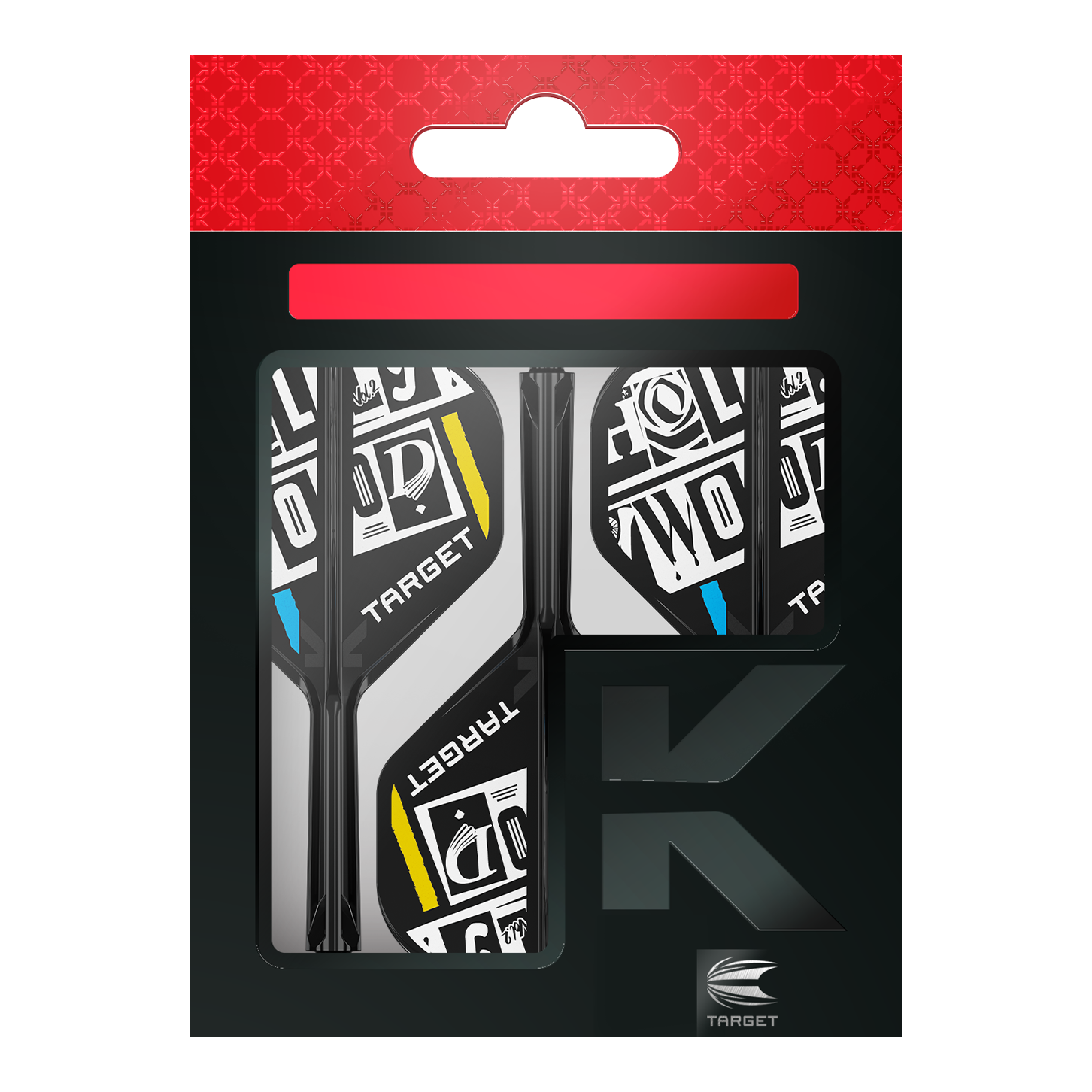 Système de tige de vol standard Target K-Flex Chris Dobey n° 2 Das Bild zeigt eine Packung der "Target K-Flex Chris Dobey No2 Standard Flights". Die Flights sind schwarz-weiß mit gelben und blauen Akzenten gestaltet und befinden sich in einer schwarzen Verpackung mit rotem Aufhänger.