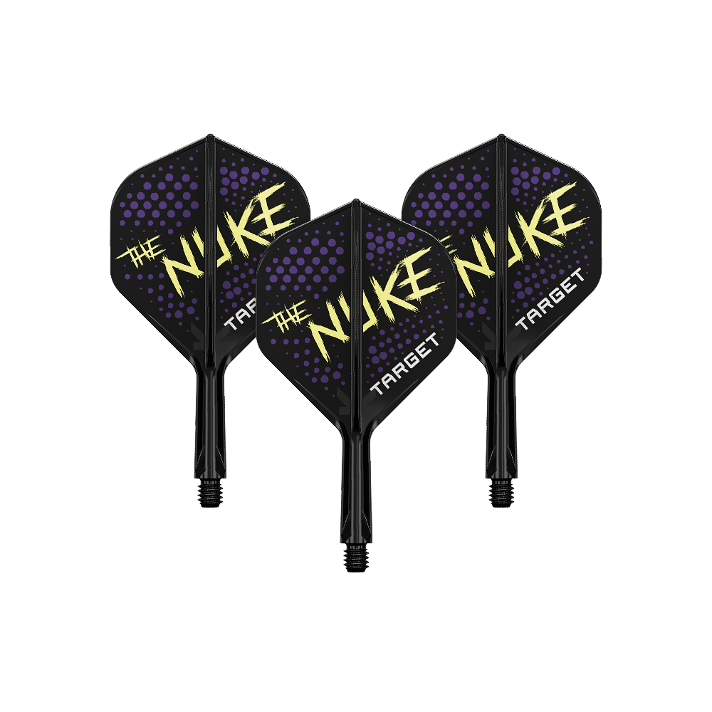 Système de vol standard Target K-Flex Luke Littler Black No2 Auf dem Bild sind drei Dart-Flights in Schwarz mit lilafarbenen Punkten und gelber Aufschrift "The Nuke" zu sehen. Unten steht der Schriftzug "Target" auf jedem Flight.