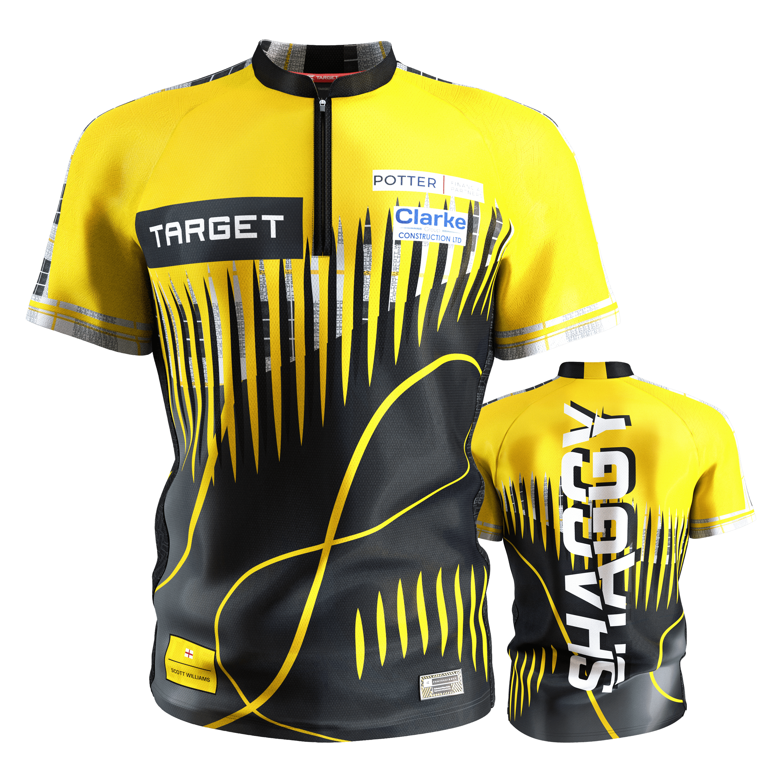 Maillot de fléchettes Target Coolplay Scott Williams 2025 Das Bild zeigt das "Target Coolplay Scott Williams 2025 Dartshirt" in Gelb und Schwarz mit auffälligem Muster. Auf der Rückseite steht groß das Wort "SHAGGY".