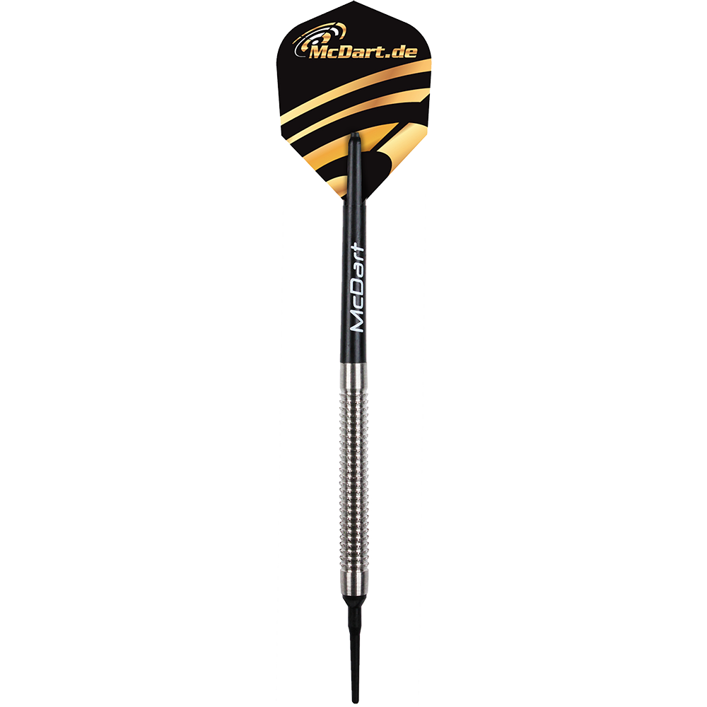 Jeu de fléchettes McDart Giga Grip 2 Das Bild zeigt einen Dartpfeil aus dem McDart Giga Grip 2 Dartset. Der Pfeil hat ein silbernes Griffstück, einen schwarzen Schaft und eine schwarze Flights mit gelben Streifen und dem McDart.de-Logo.
