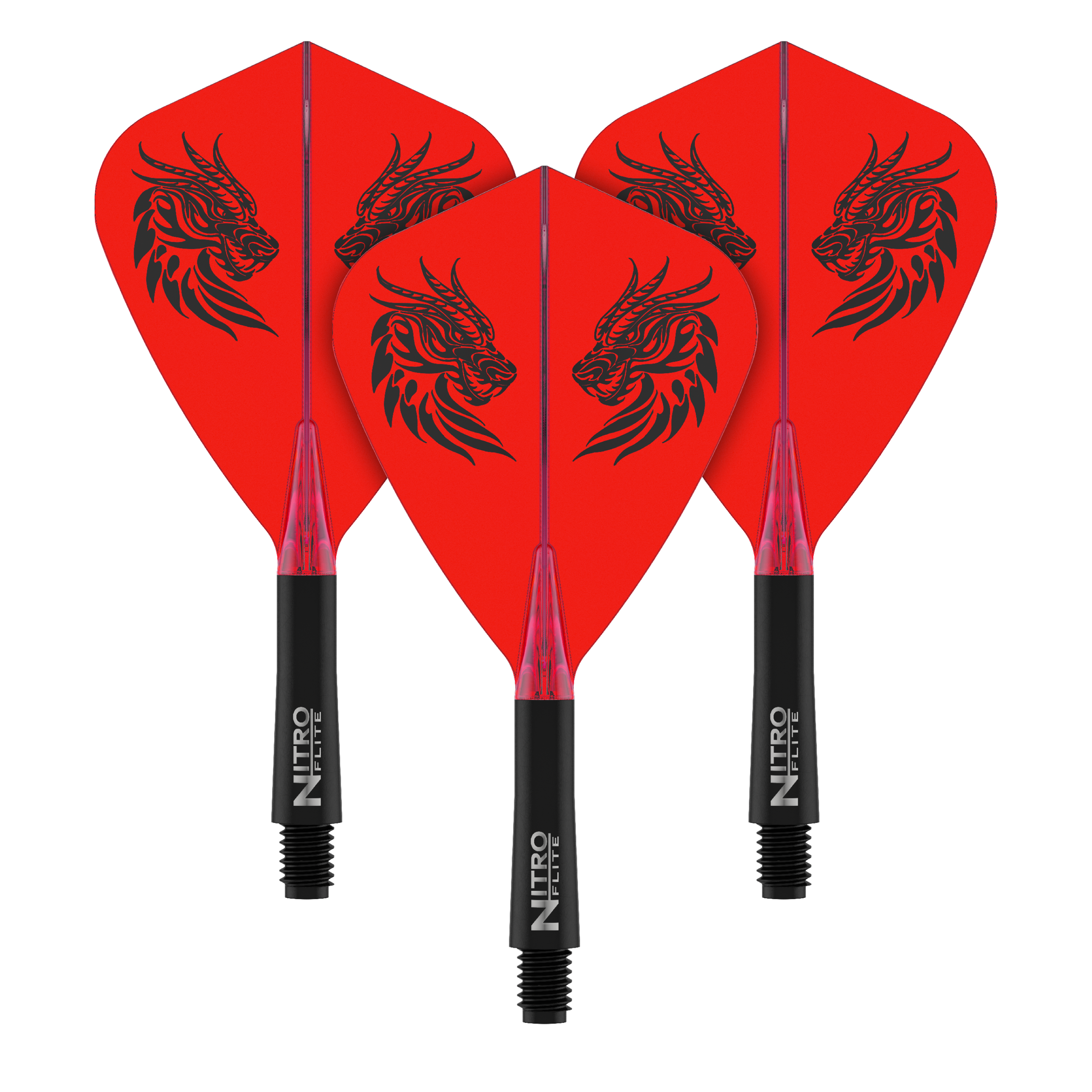 Ein Satz Dart-Flights, vermutlich Jonny Clayton Kite Flights Short 22mm, abgebildet. Das Bild zeigt die Flights aus einer anderen Perspektive.