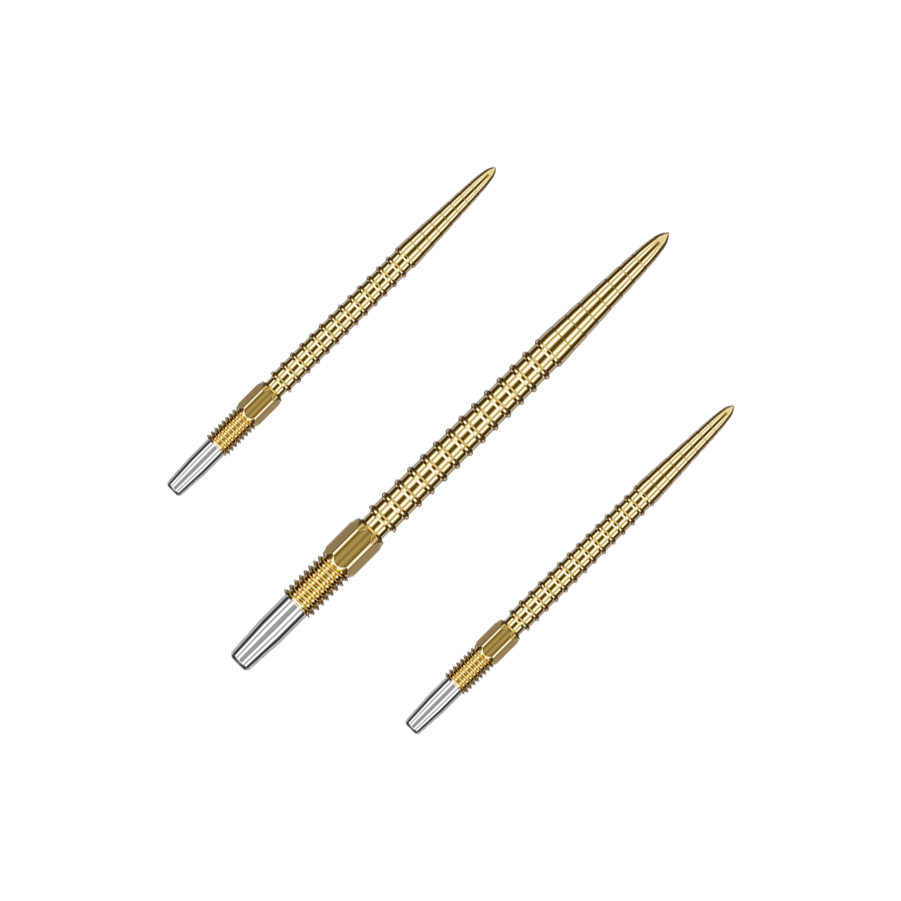 Pointes de fléchettes Target Swiss Point Chrono Darts - Or Das Bild zeigt drei goldfarbene Dartspitzen mit silbernem Gewinde am hinteren Ende. Sie sind gleichmäßig angeordnet und haben ein schlankes, spitzes Design.