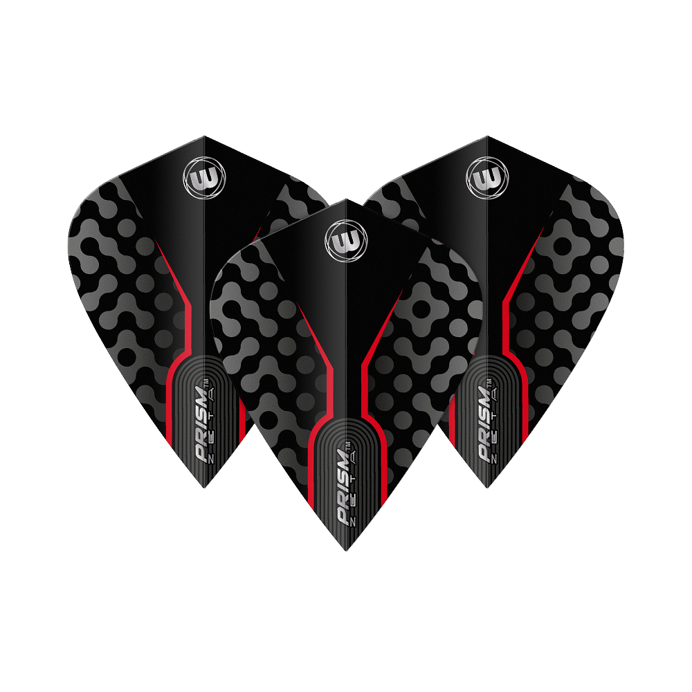 Vols de cerf-volant royal noir Winmau Zeta Das Bild zeigt drei Winmau Zeta Black Red Kite Flights. Sie sind schwarz mit roten Linien und einem auffälligen Muster in Grau.