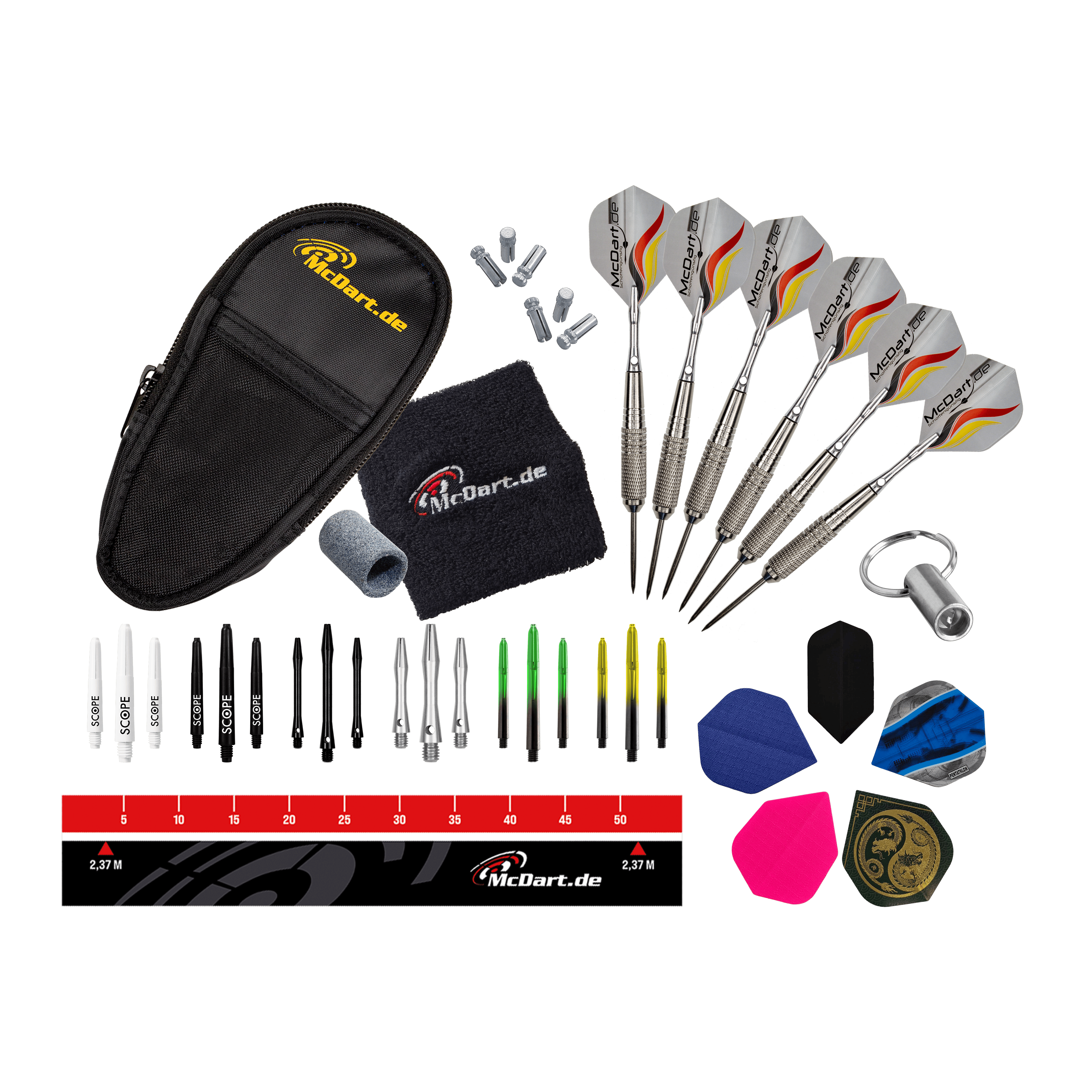 Pack de démarrage McDart Fléchette en acier Das Bild zeigt das McDart Starterpack. Es handelt sich um ein Starterset für Dartspieler.