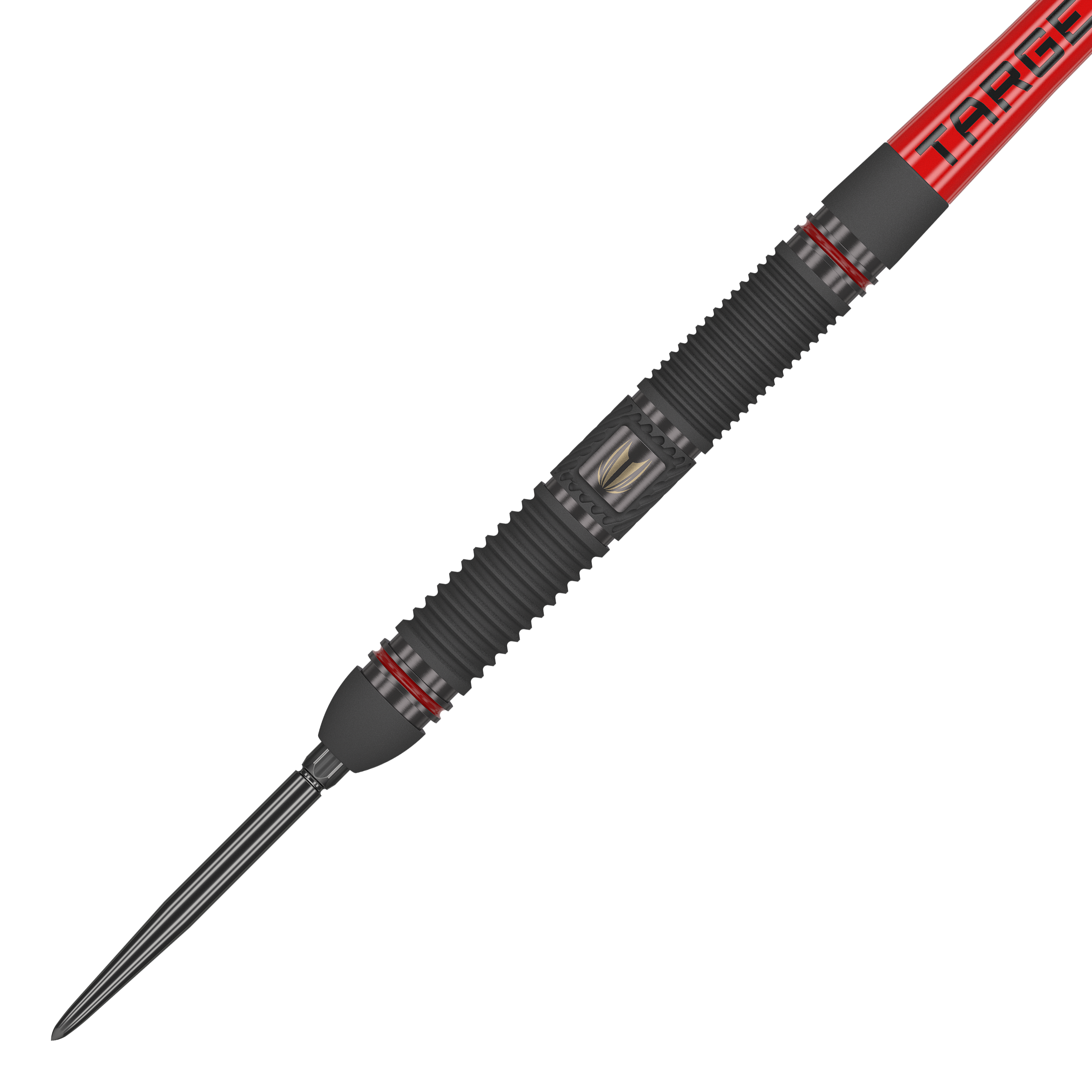 Target Scope 01 Fléchettes en acier Swiss Point Das Bild zeigt einen Steeldart namens "Target Scope 01 Swiss Point". Der Dart hat ein schwarzes, geriffeltes Griffstück mit roten Akzenten und einer silbernen Spitze.