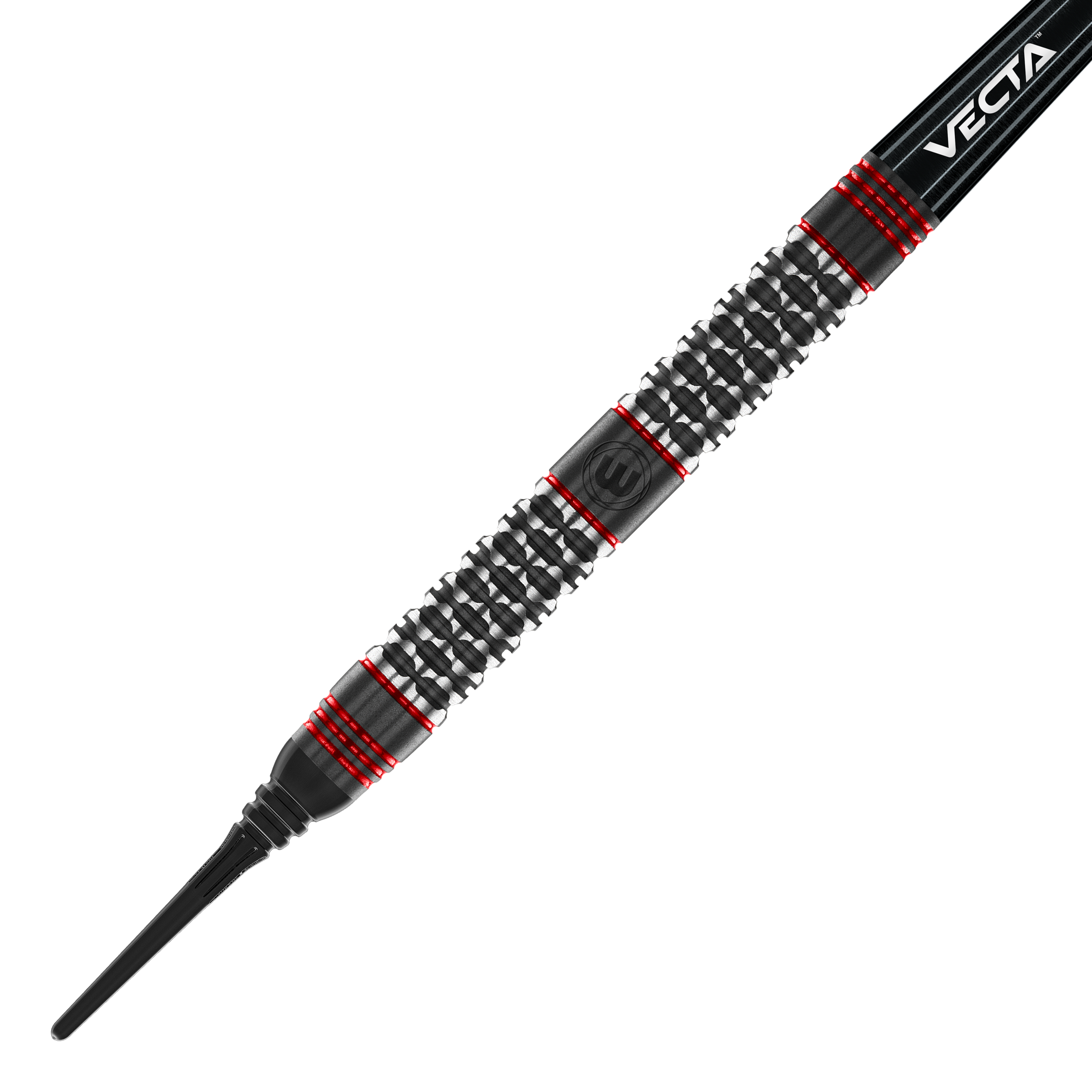 Fléchettes souples Winmau Cypher - 20 g Das Bild zeigt einen Winmau Cypher Softdart mit einem Gewicht von 20g. Der Dart hat ein schwarzes und silbernes Design mit roten Akzenten und einer strukturierten Griffzone.