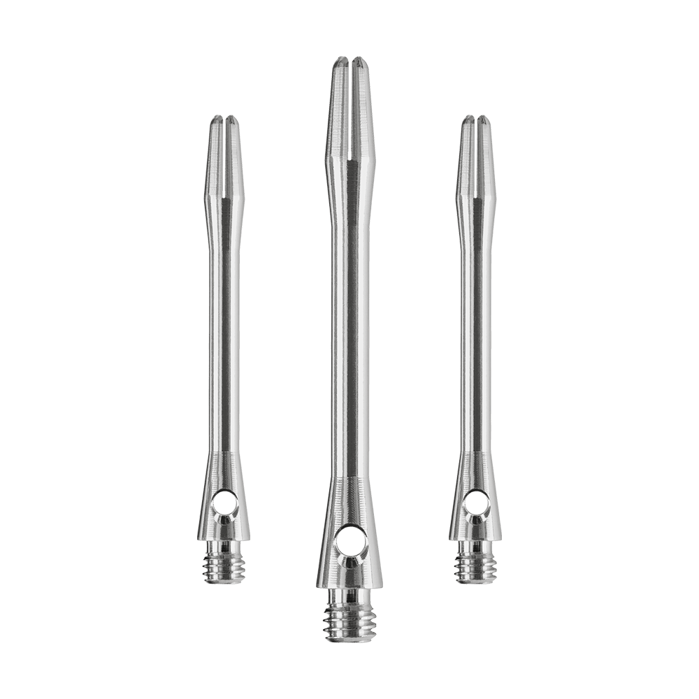 HR371_Harrows_Keramic_Shafts_Gun_Metal_47mm_1 Das Bild zeigt drei glänzende Harrows Keramic Shafts in der Farbe Gun Metal. Sie sind in unterschiedlicher Länge angeordnet und haben ein modernes, metallisches Design.