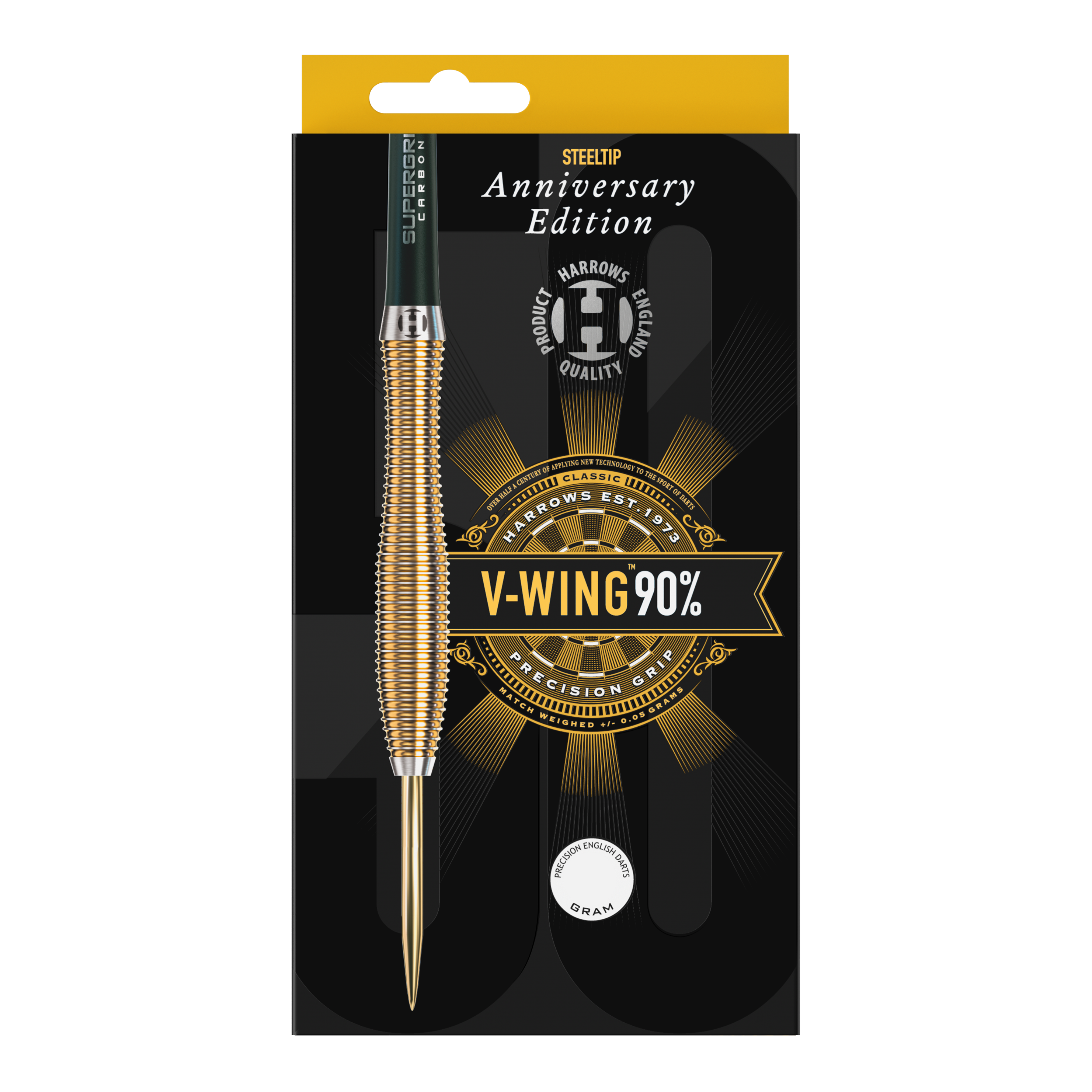 Fléchettes en acier V-Wing édition anniversaire Harrows Dies ist eine Verpackung für Steeldarts der Marke Harrows, Anniversary Edition. Auf der Packung steht "V-WING 90%" und "Precision Grip".