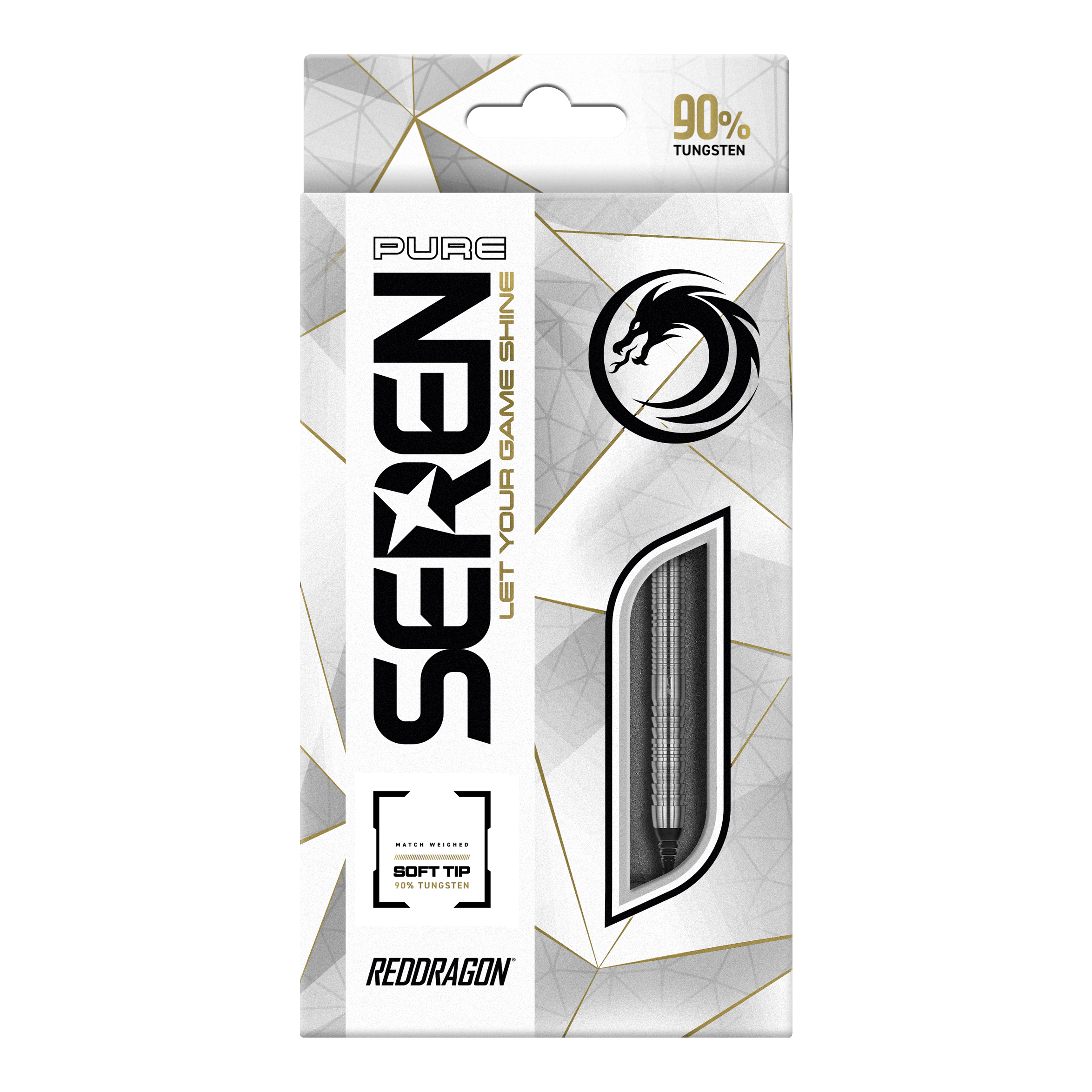 Fléchettes souples Red Dragon Seren 1 Pure - 20 g Die Verpackung zeigt das Produkt "Red Dragon Seren 1 Pure Softdarts - 20g". Das Design ist überwiegend weiß mit goldenen und schwarzen Akzenten und hebt die Qualität aus 90 % Tungsten hervor.