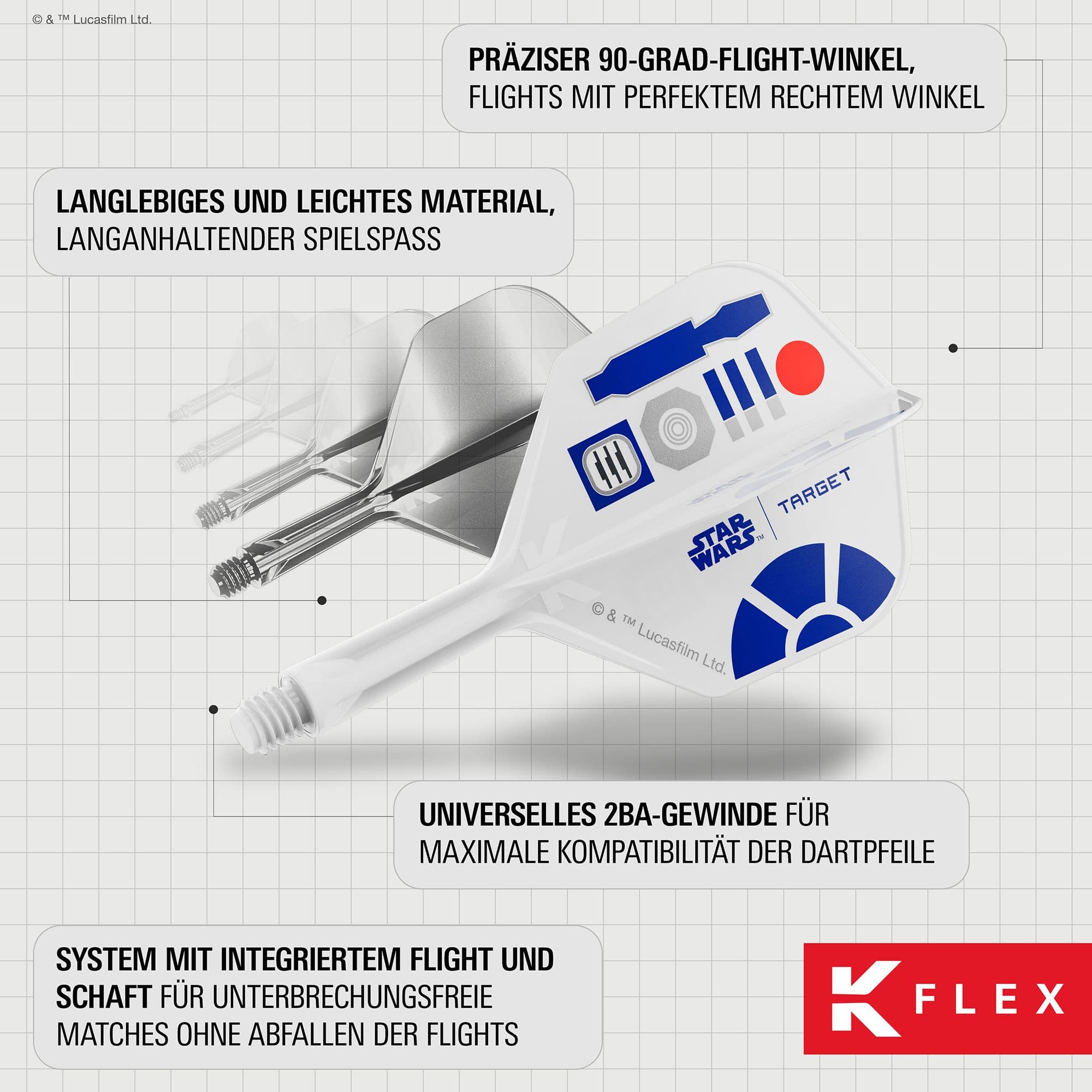 Vols standard Target Star Wars K-Flex R2D2 n°2 Das Bild zeigt die Target Star Wars K-Flex R2D2 No6 Flights. Sie sind eine dekorative Ergänzung für jeden Dartpfeil im Star Wars Look.